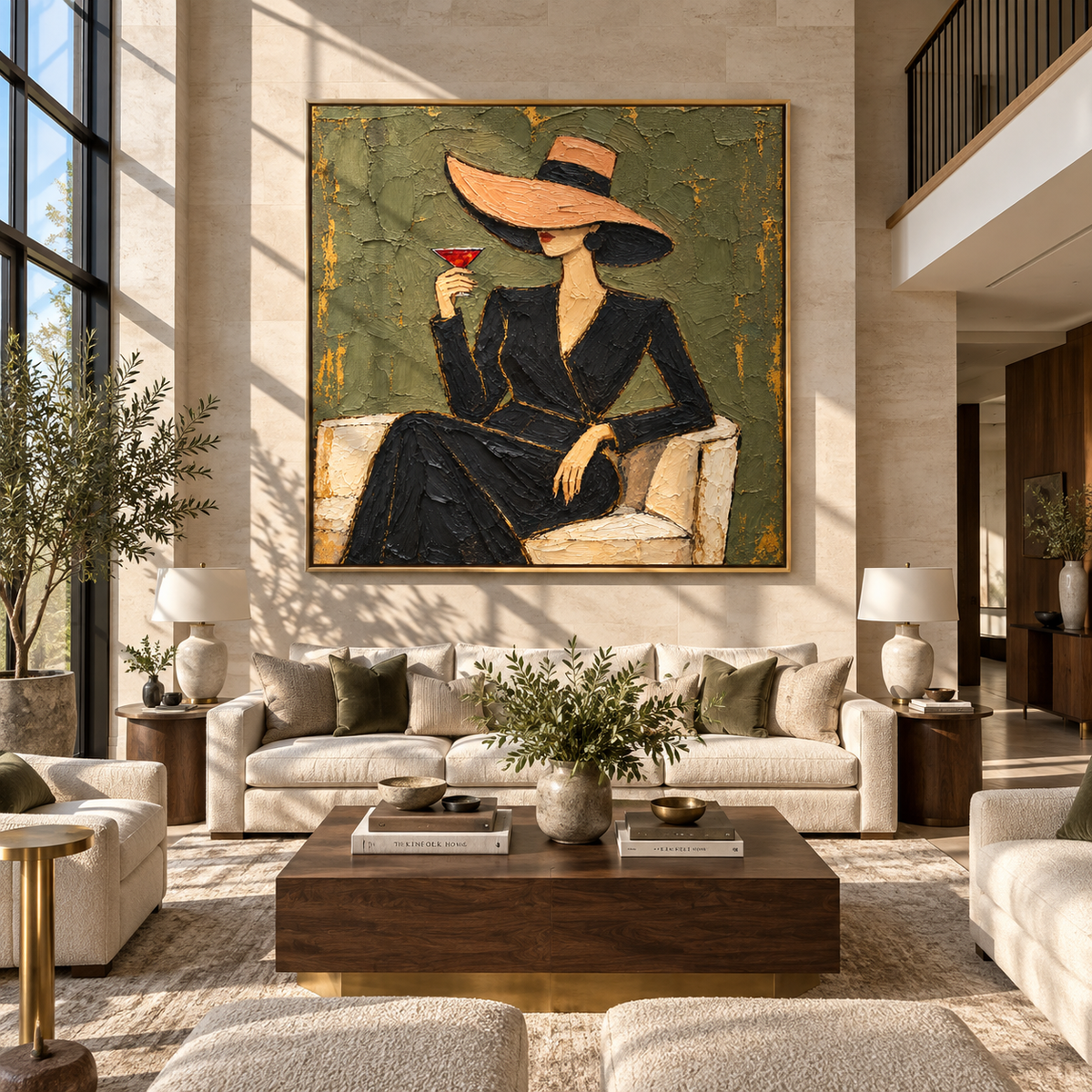 Olive Hour – woman in black suit with cocktail, Retro Modern square wall art - displayed on a calm bedroom wall