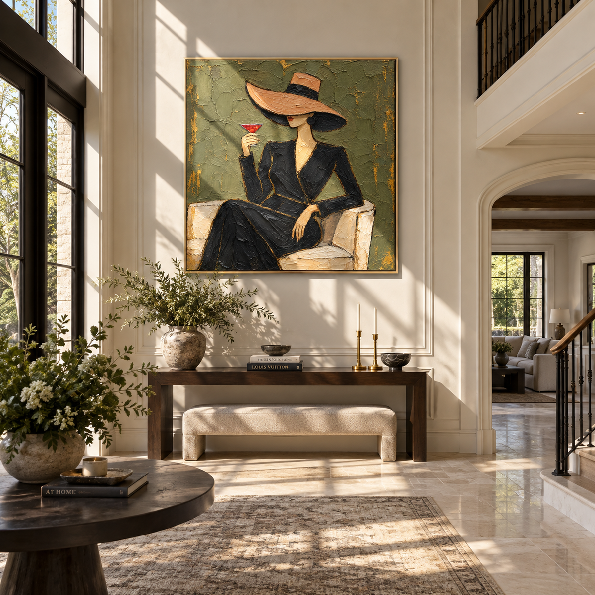 Olive Hour – woman in black suit with cocktail, Retro Modern square wall art - displayed beside a home office desk