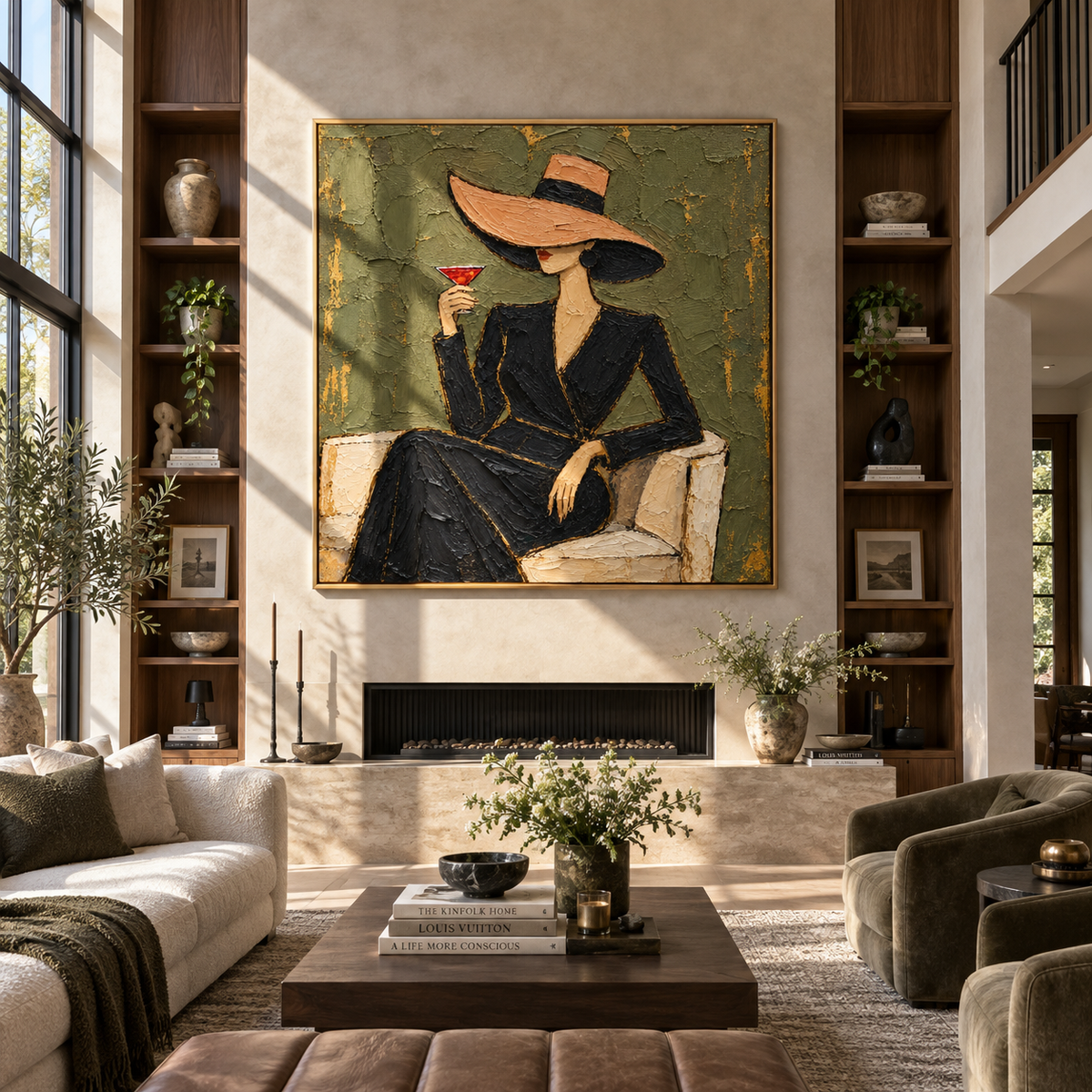 Olive Hour – woman in black suit with cocktail, Retro Modern square wall art - displayed over a low oak cabinet