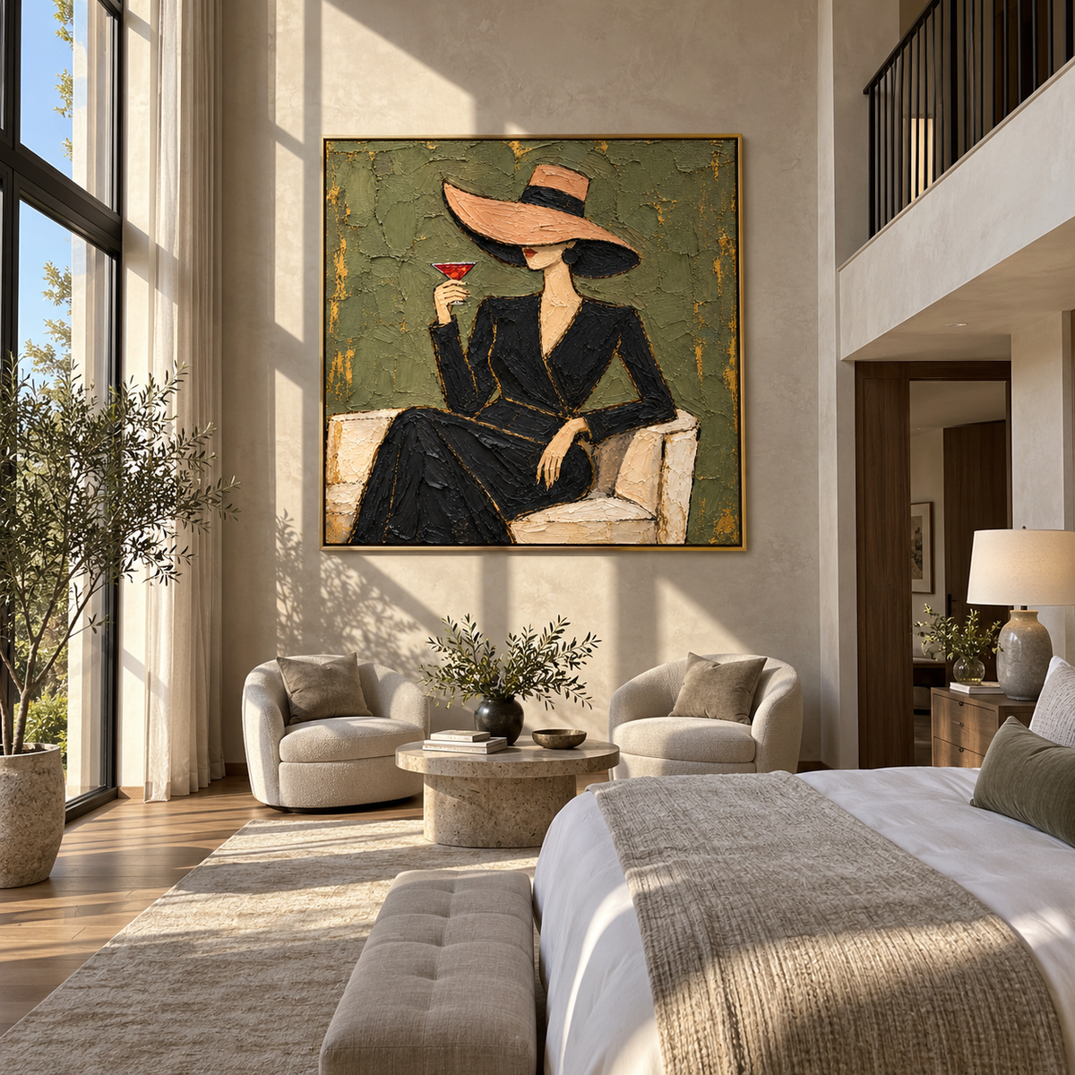 Olive Hour – woman in black suit with cocktail, Retro Modern square wall art - displayed in a collected modern lounge