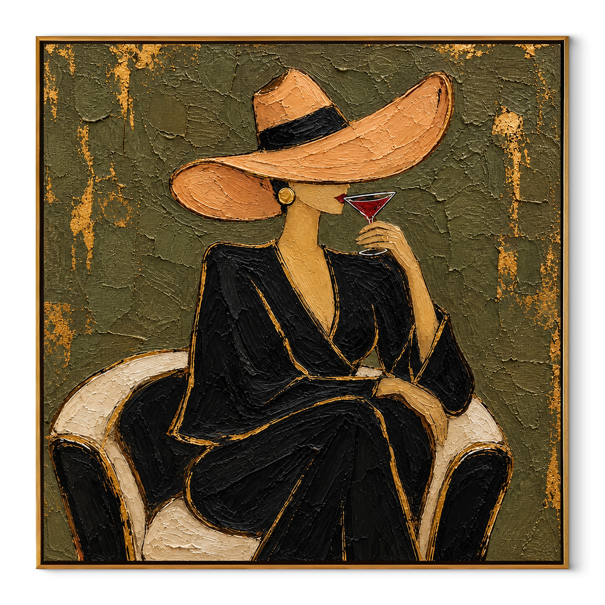 Golden Pause – woman in black dress with martini, Retro Modern square wall art - wood frame on white background