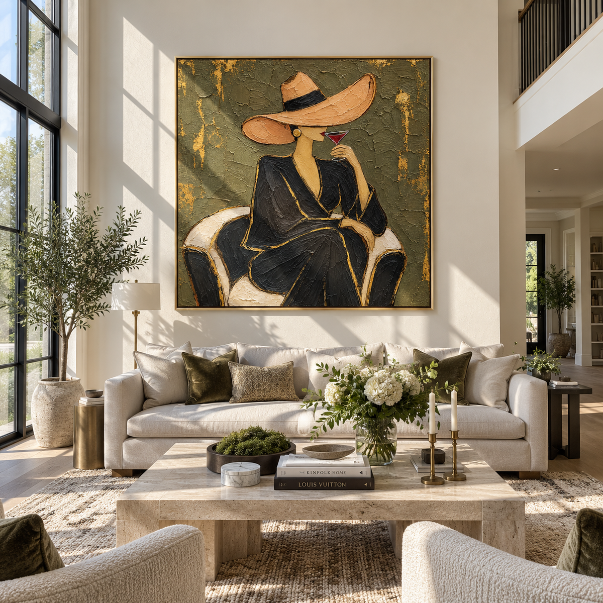 Golden Pause – woman in black dress with martini, Retro Modern square wall art - displayed over a low oak cabinet