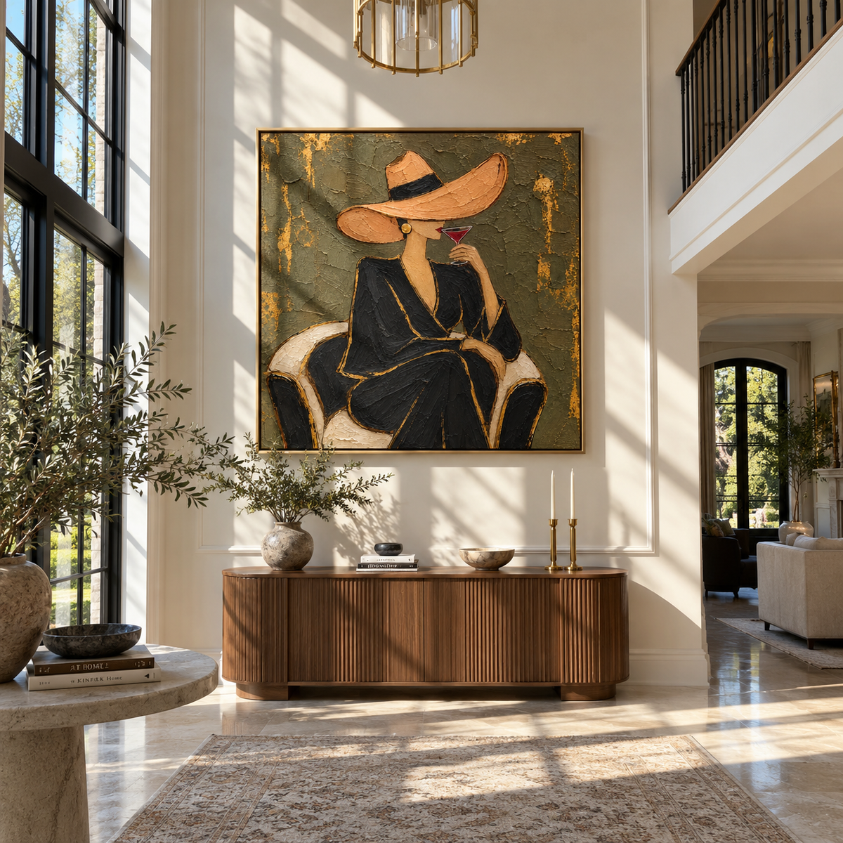 Golden Pause – woman in black dress with martini, Retro Modern square wall art - displayed in a collected modern lounge