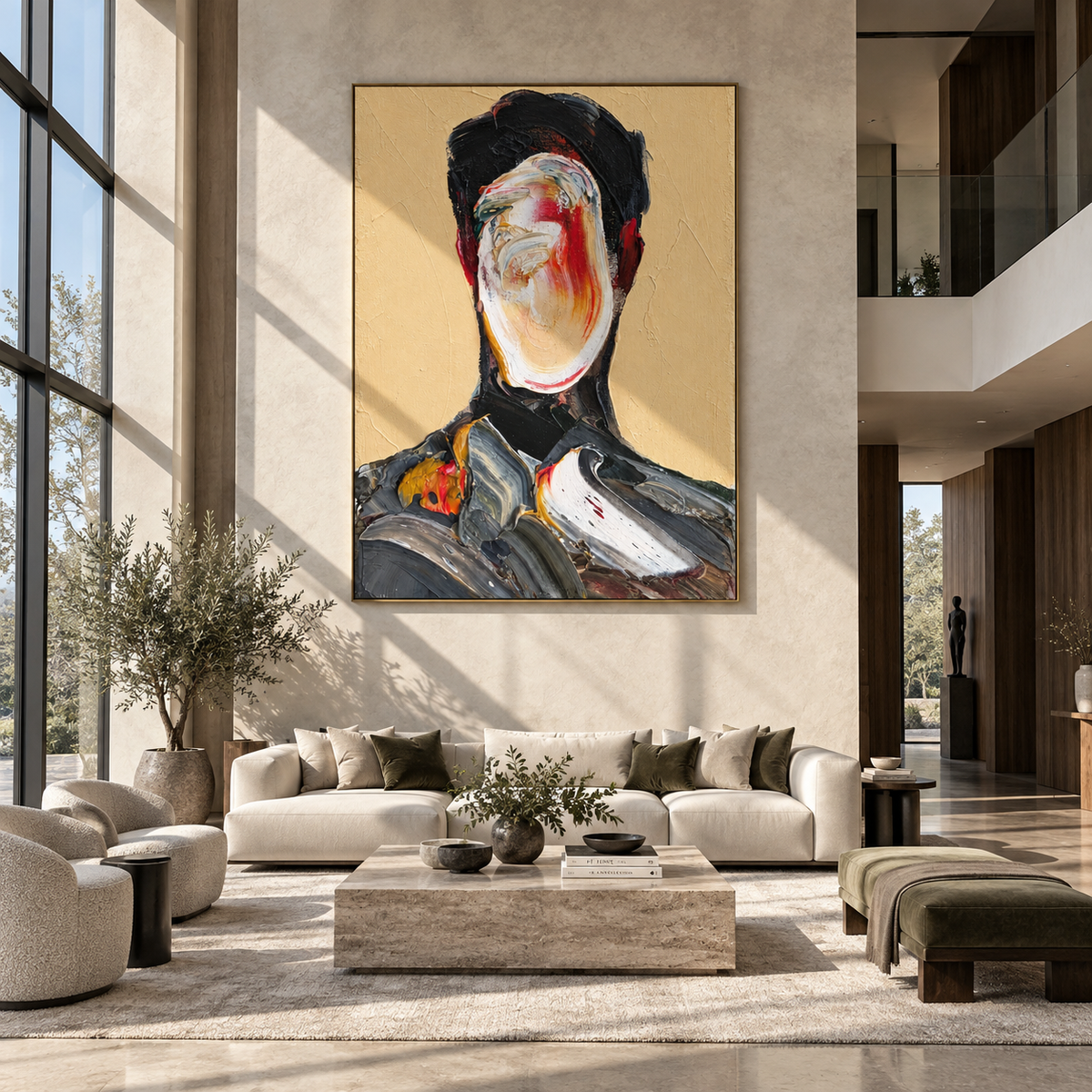 Painted Identity – abstract faceless male portrait, Retro Modern vertical wall art - displayed beside a bedroom dresser