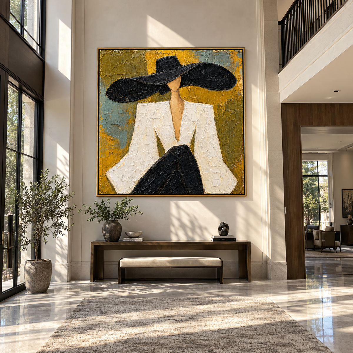 White Statement – woman in white suit and black hat, Retro Modern square wall art - displayed in a collected modern lounge