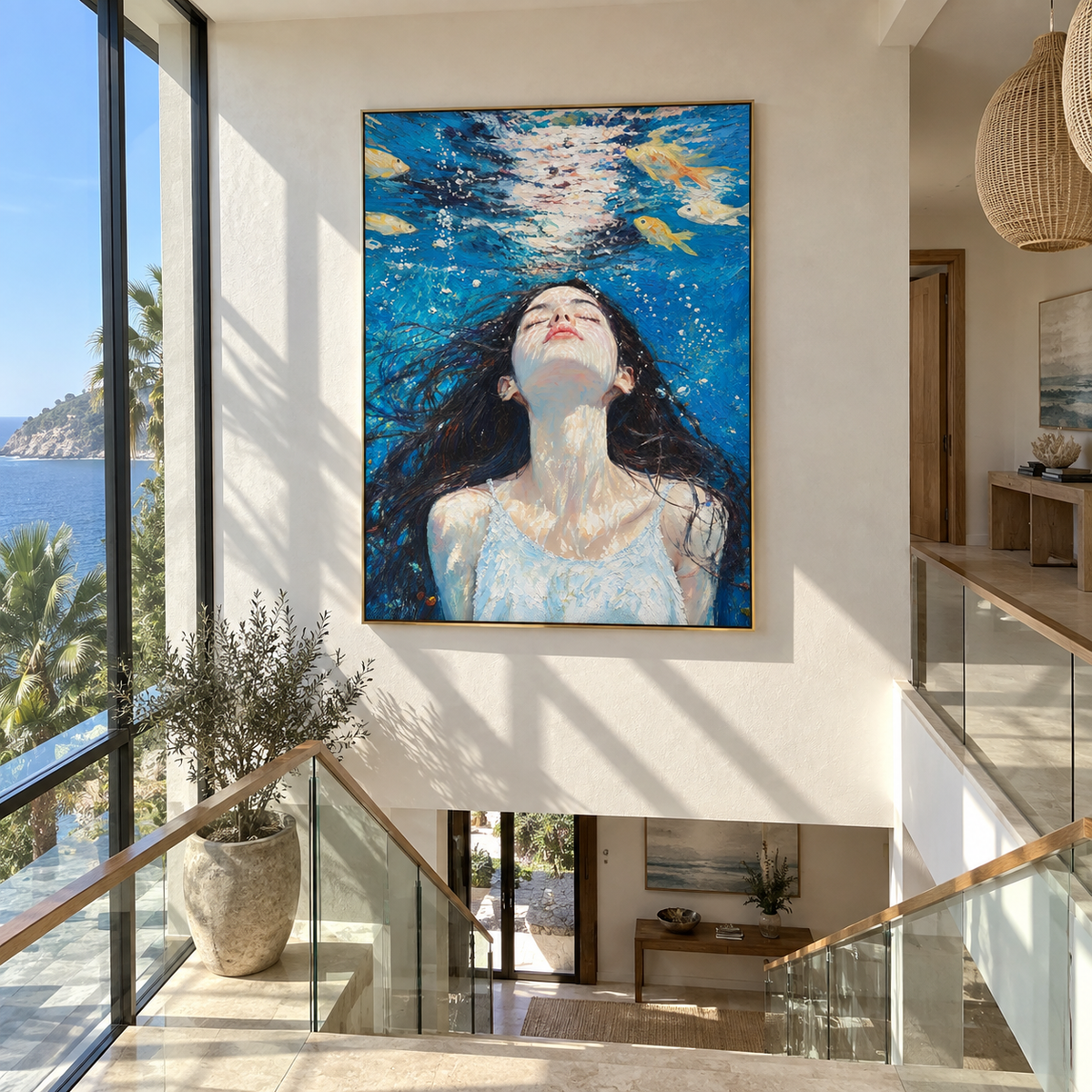 Toward the Surface – woman looking up underwater, Retro Modern vertical wall art - displayed beside a bedroom dresser