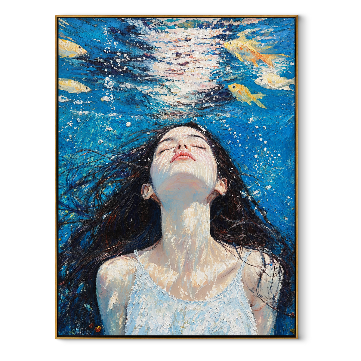 Toward the Surface – woman looking up underwater, Retro Modern vertical wall art - wood frame on white background