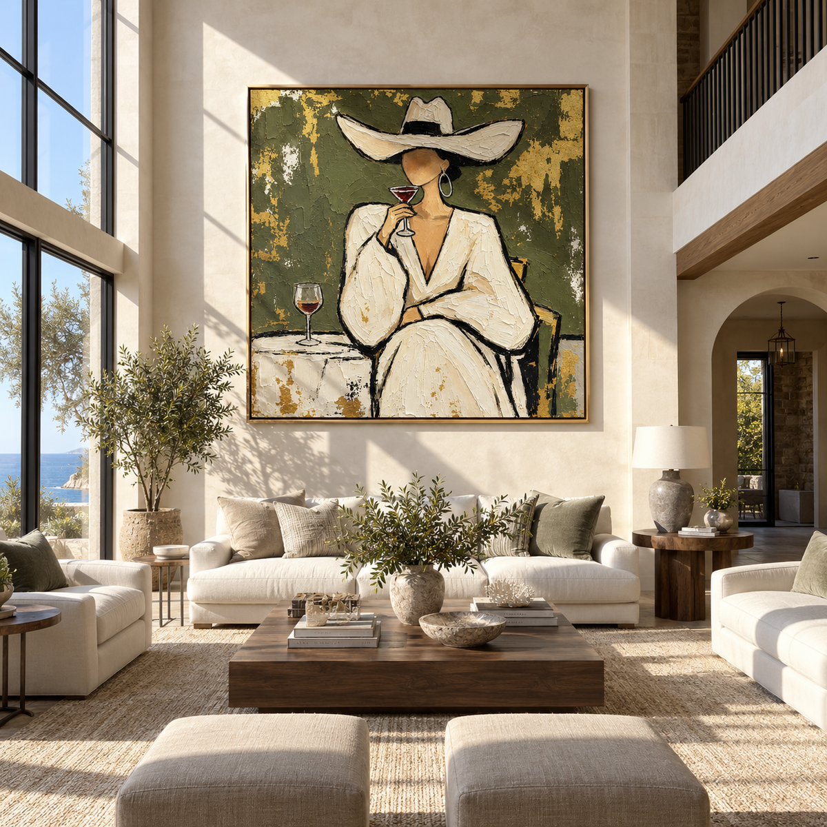 Champagne Poise – woman in white suit with wine, Retro Modern square wall art - displayed over a low oak cabinet