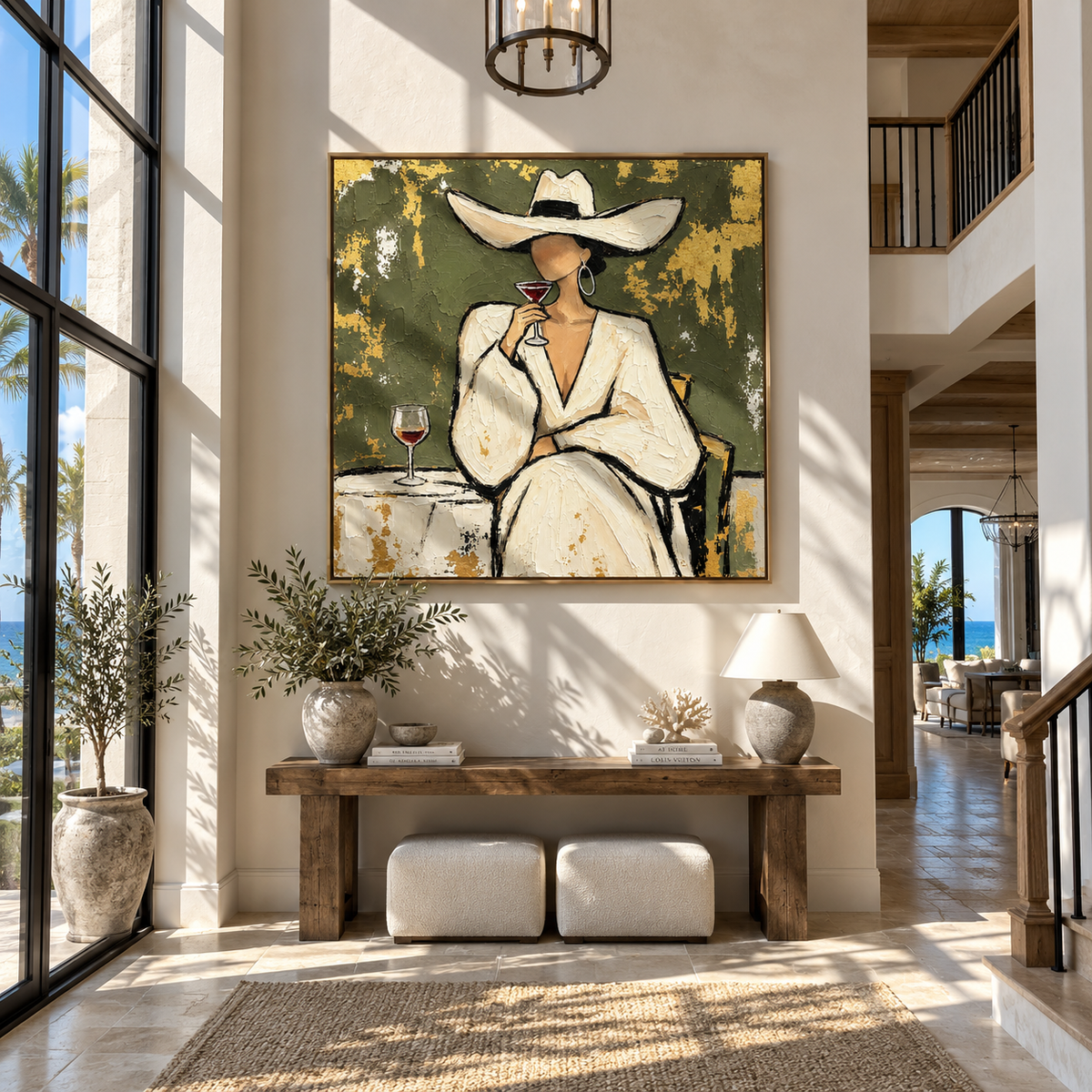 Champagne Poise – woman in white suit with wine, Retro Modern square wall art - displayed in a collected modern lounge