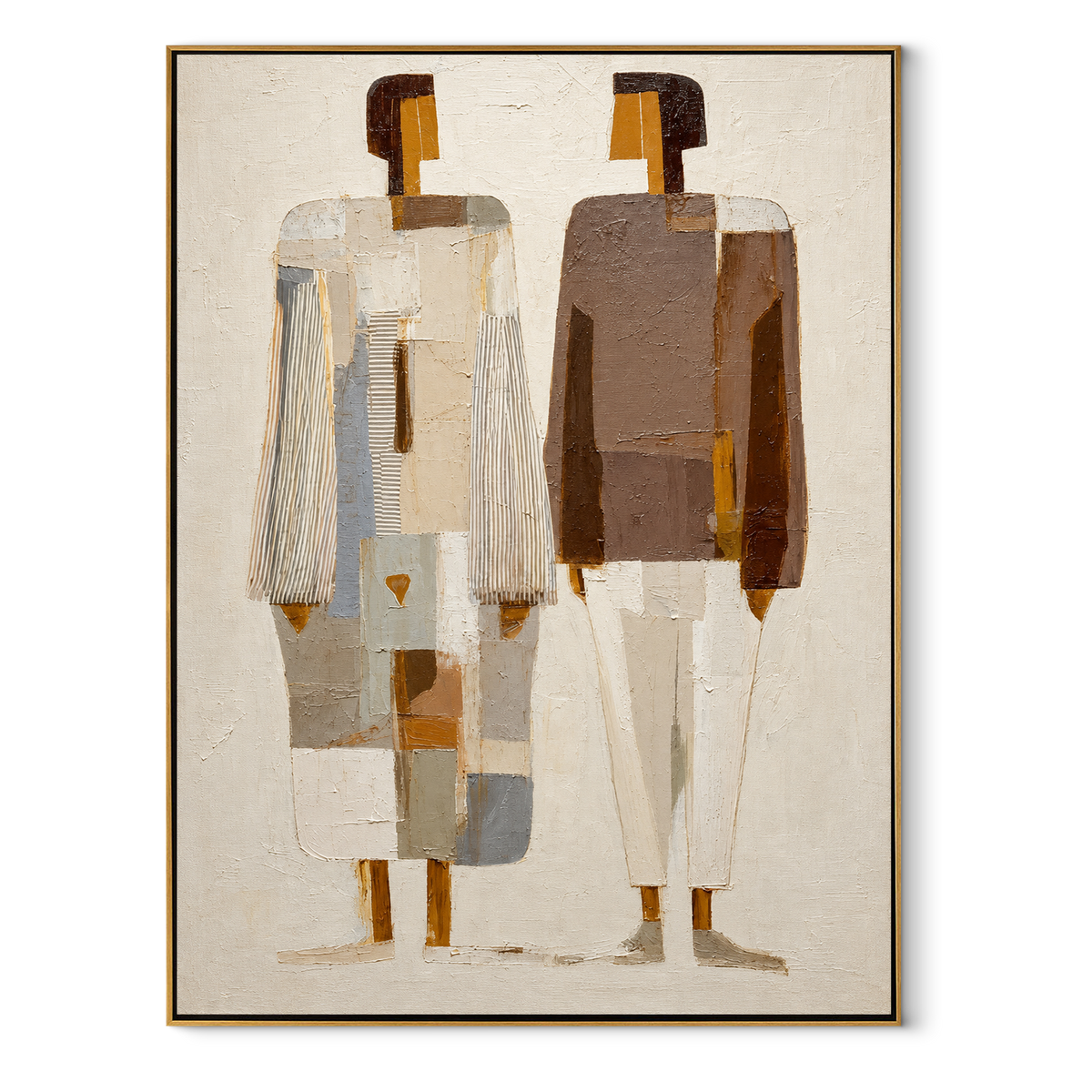 Two Silhouettes – minimal pair in neutral coats, Retro Modern vertical wall art - wood frame on white background