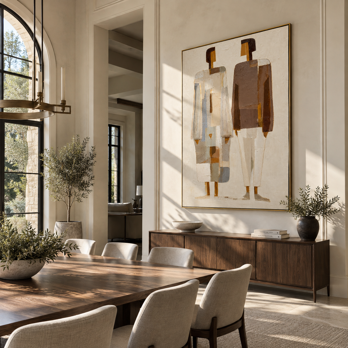 Two Silhouettes – minimal pair in neutral coats, Retro Modern vertical wall art - displayed through an entryway