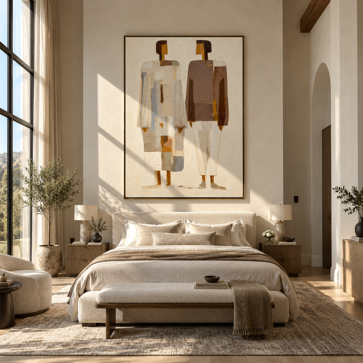 Two Silhouettes – minimal pair in neutral coats, Retro Modern vertical wall art - displayed along a stair landing