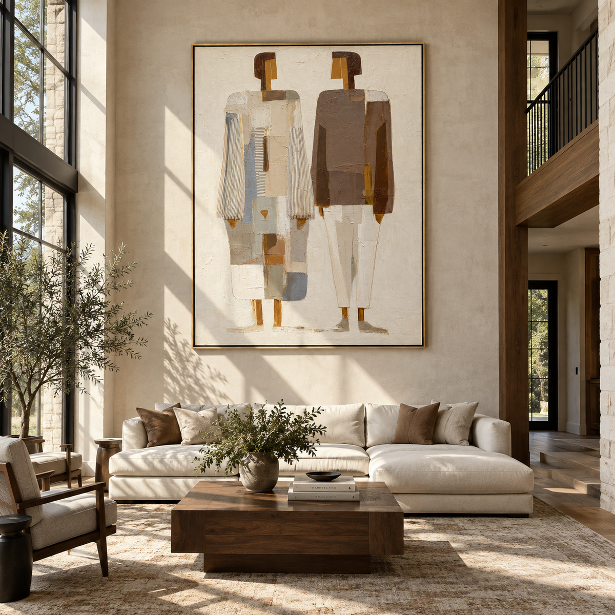 Two Silhouettes – minimal pair in neutral coats, Retro Modern vertical wall art - displayed above a narrow living room console