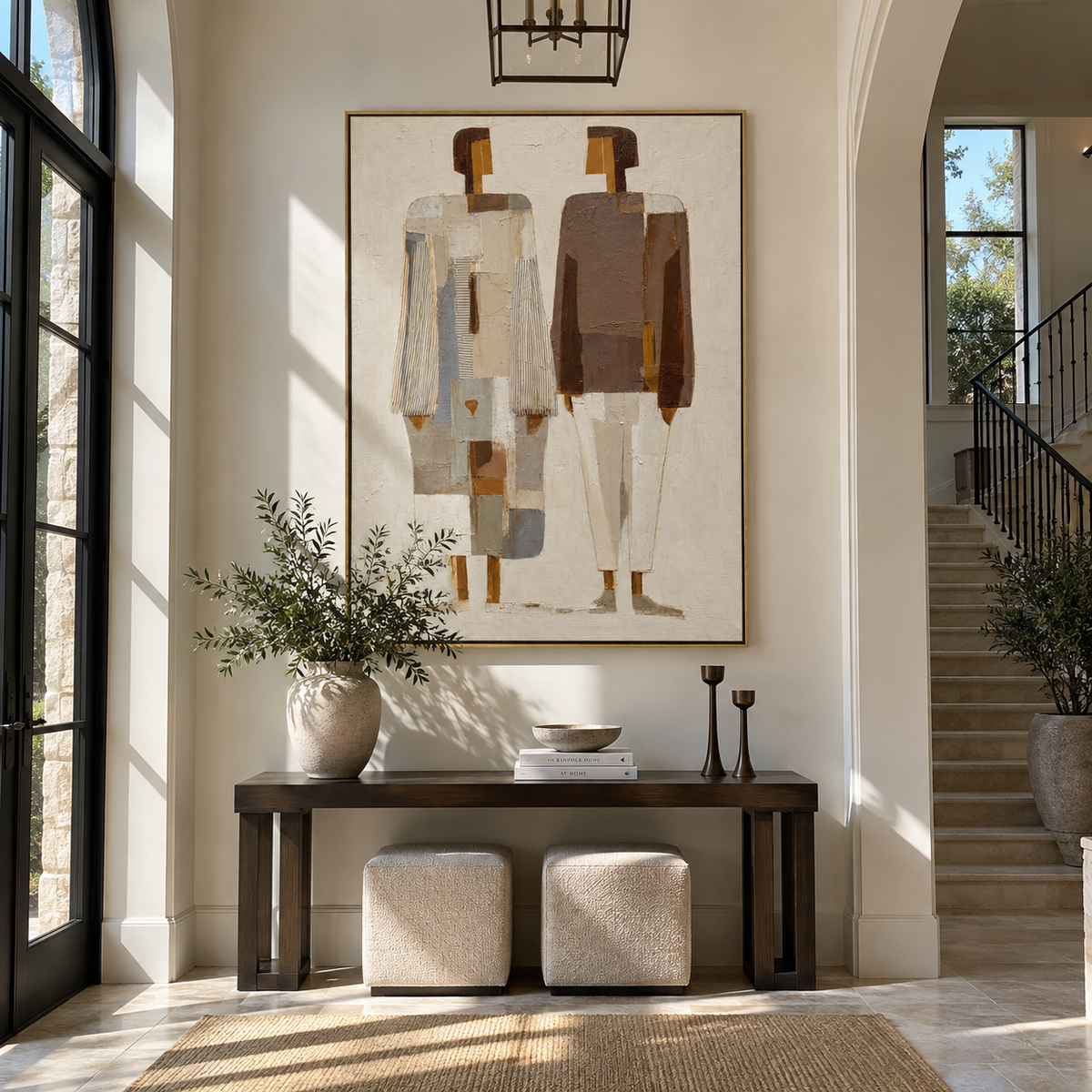Two Silhouettes – minimal pair in neutral coats, Retro Modern vertical wall art - displayed in a quiet reading corner