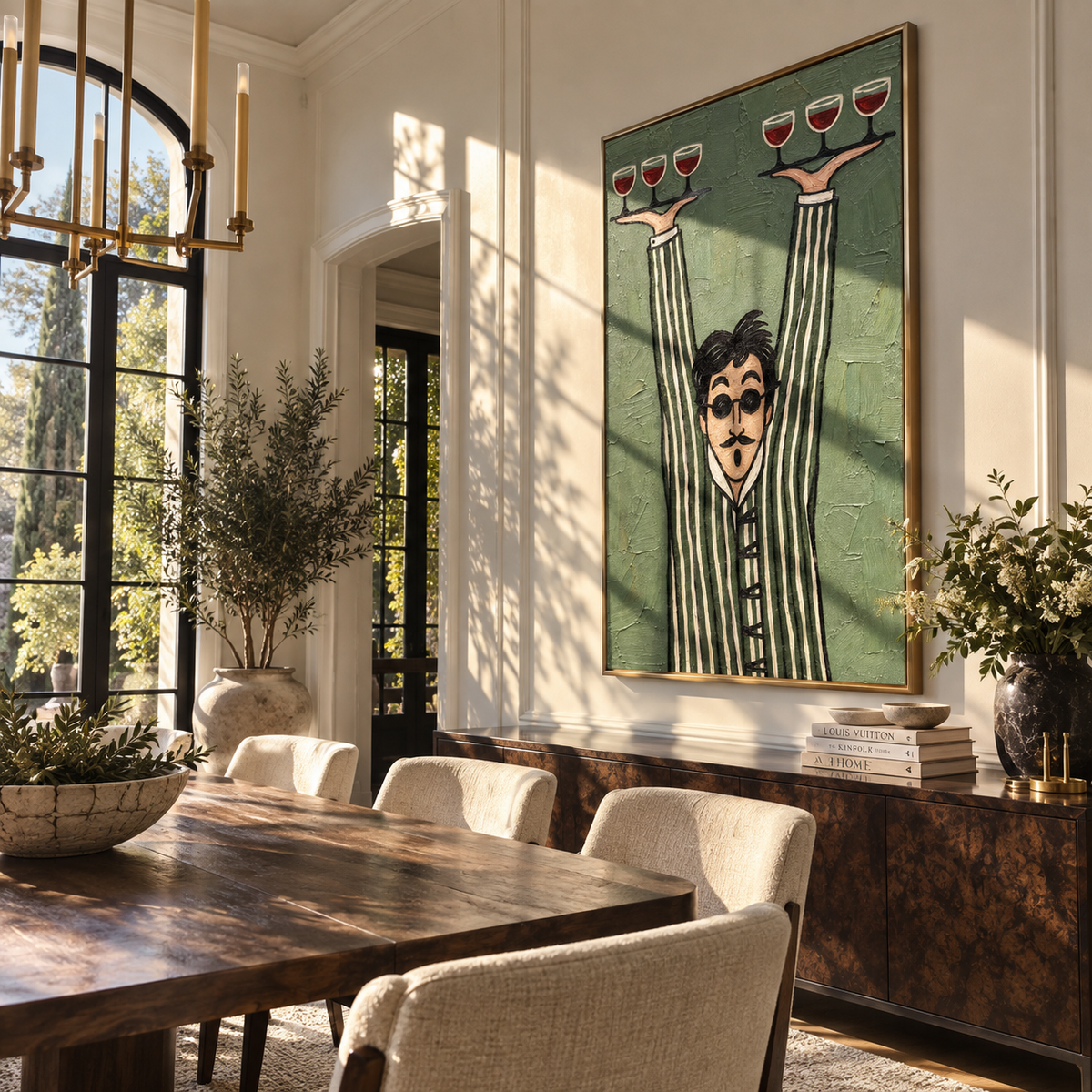 Perfect Balance – waiter balancing six wine glasses, Retro Modern vertical wall art - displayed through an entryway