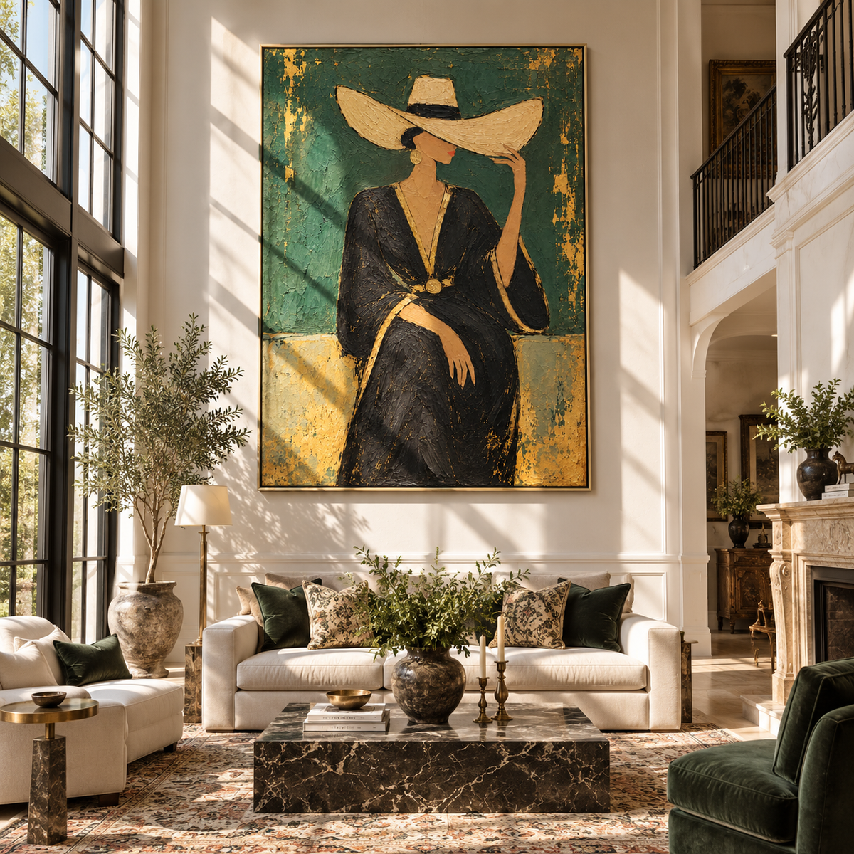 Emerald Reserve – woman in black dress with wide hat, Retro Modern vertical wall art - displayed beside a bedroom dresser