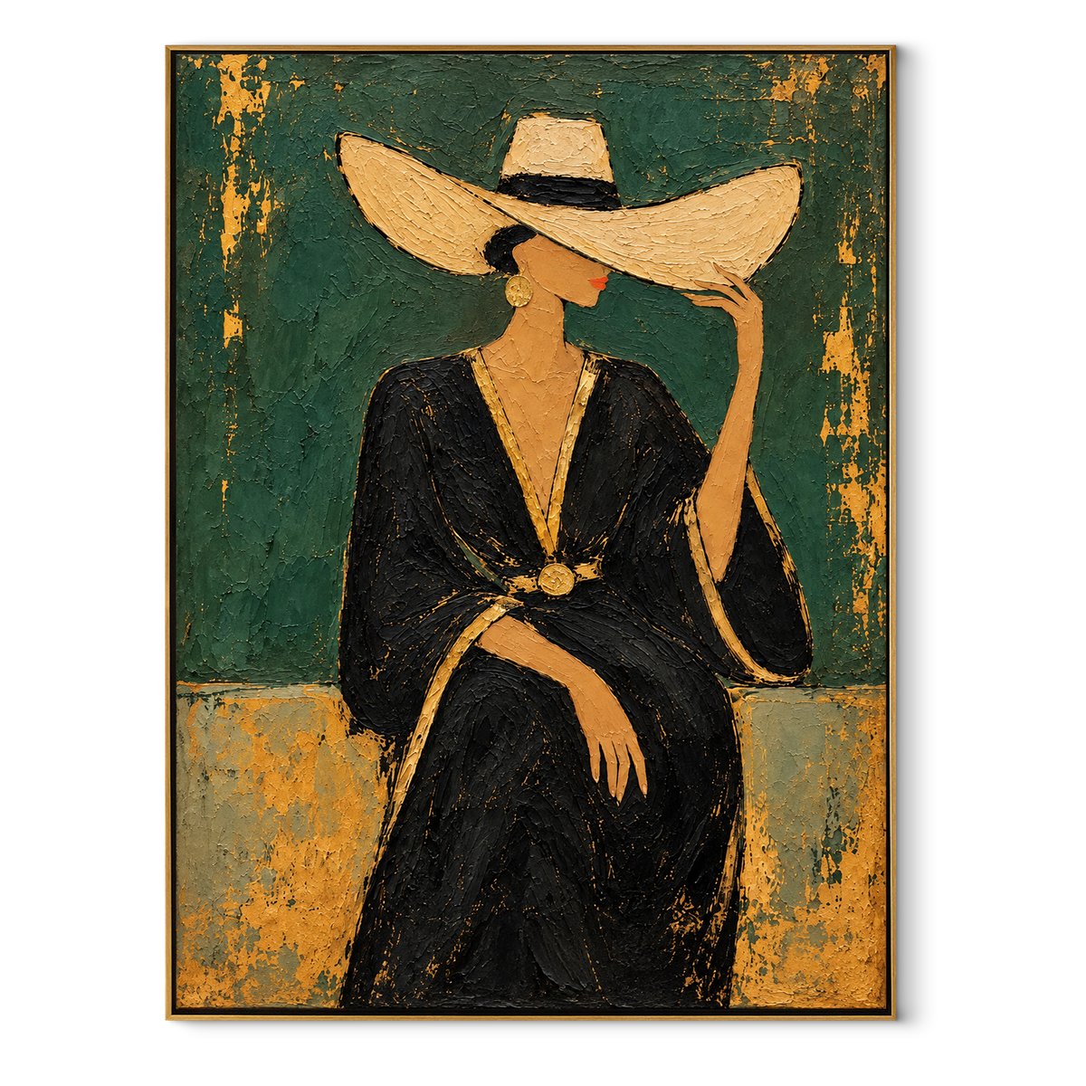 Emerald Reserve – woman in black dress with wide hat, Retro Modern vertical wall art - wood frame on white background