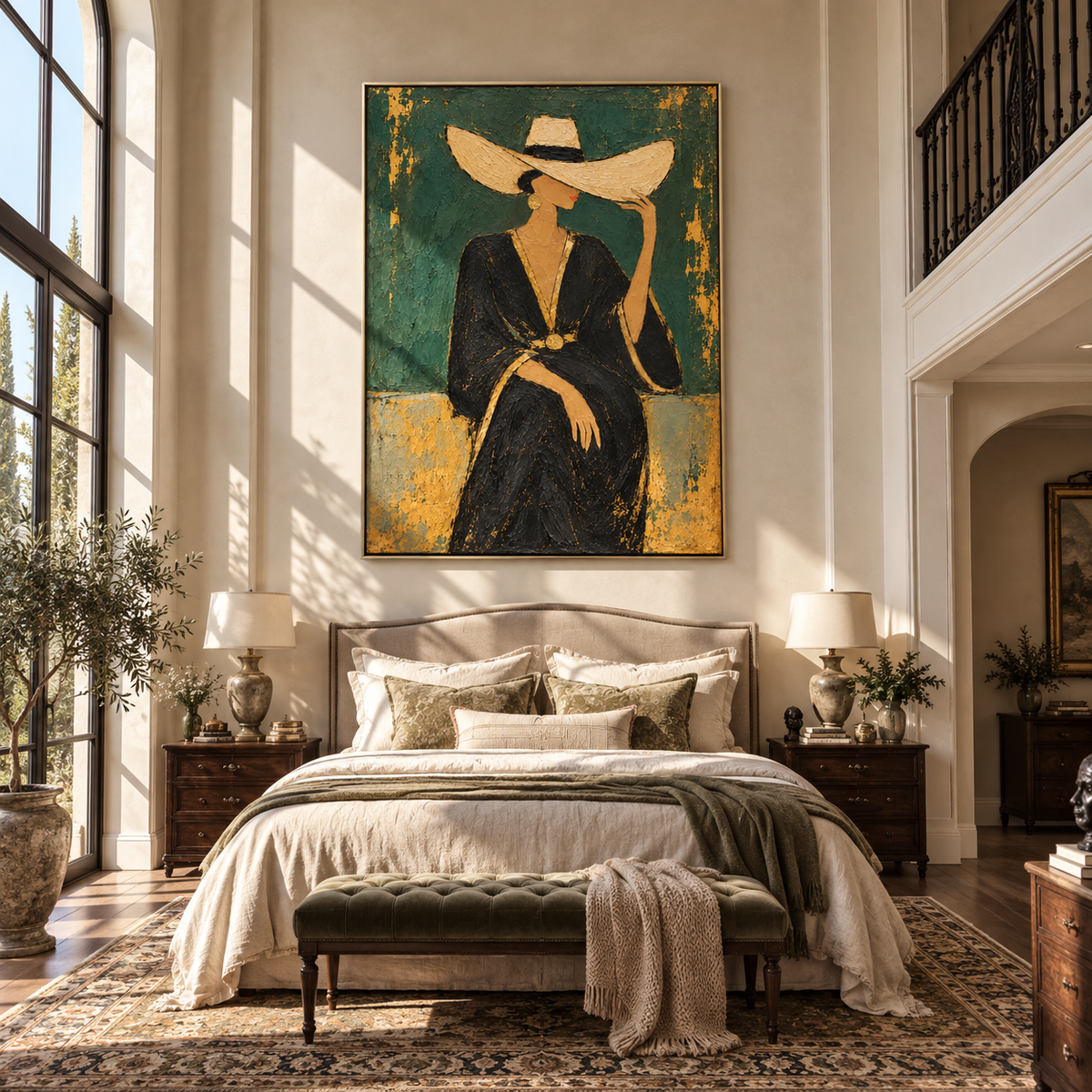 Emerald Reserve – woman in black dress with wide hat, Retro Modern vertical wall art - displayed through an entryway