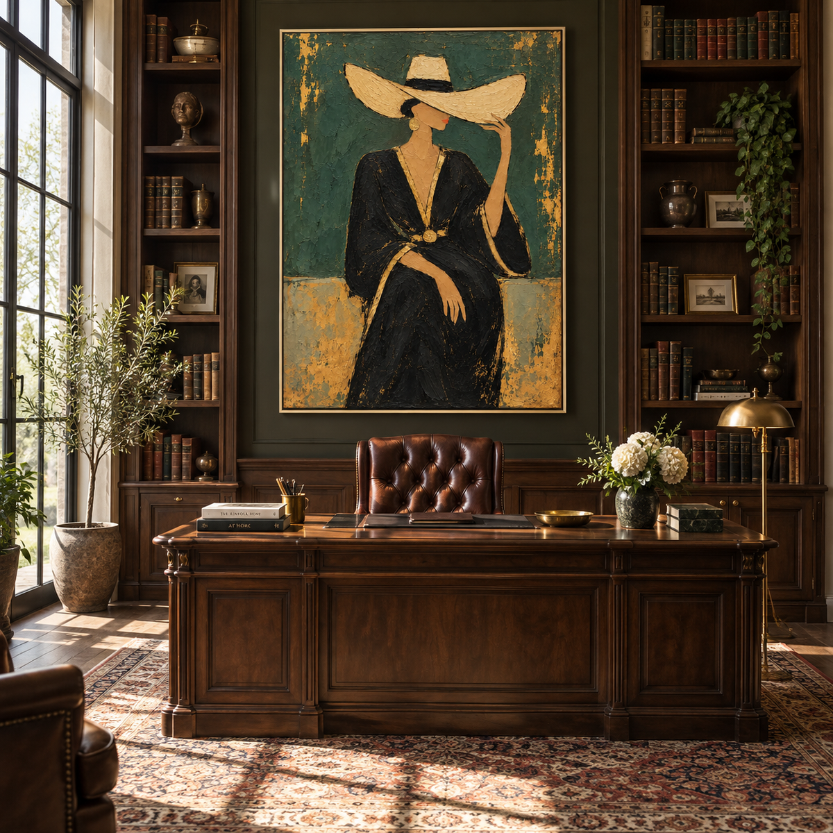 Emerald Reserve – woman in black dress with wide hat, Retro Modern vertical wall art - displayed along a stair landing