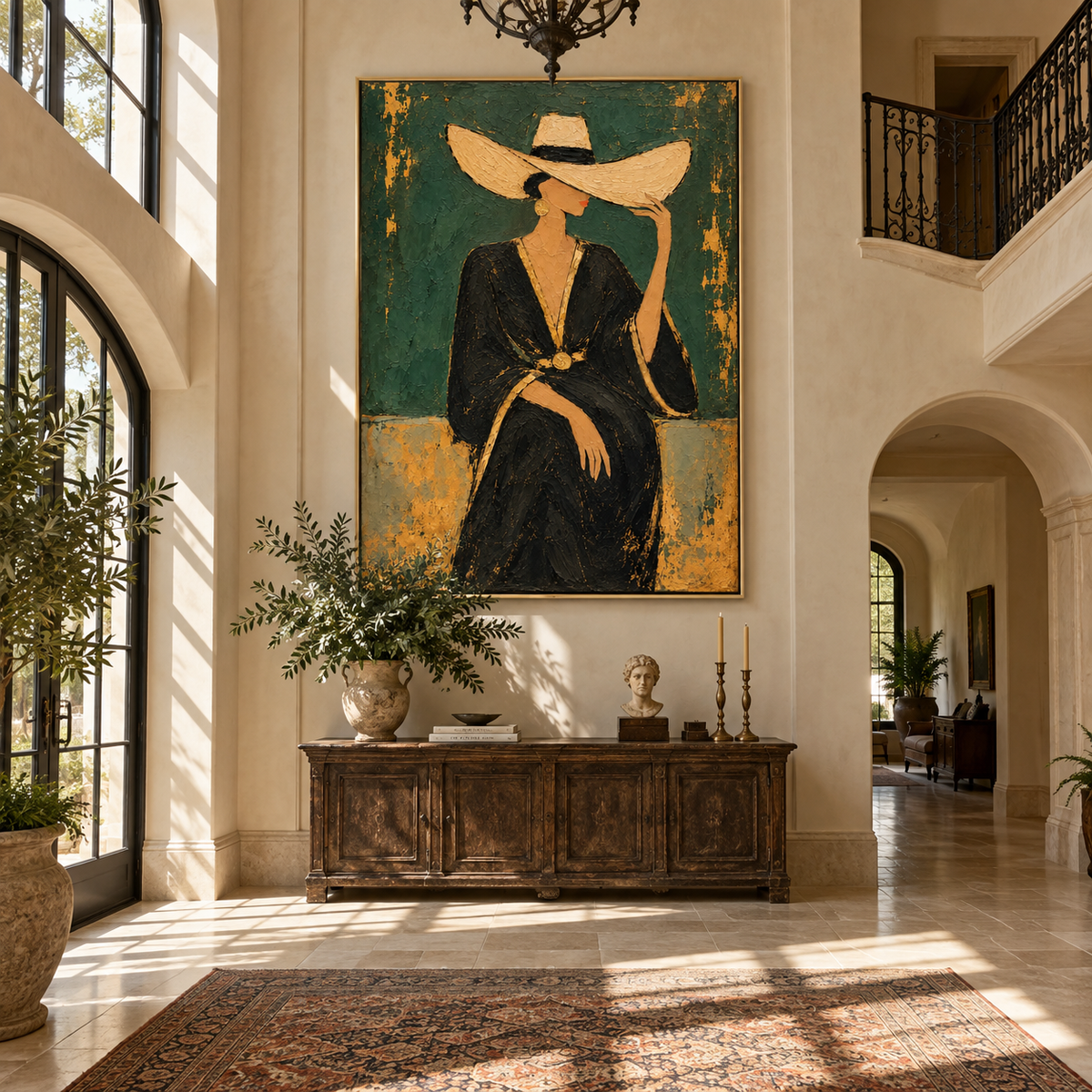 Emerald Reserve – woman in black dress with wide hat, Retro Modern vertical wall art - displayed above a narrow living room console