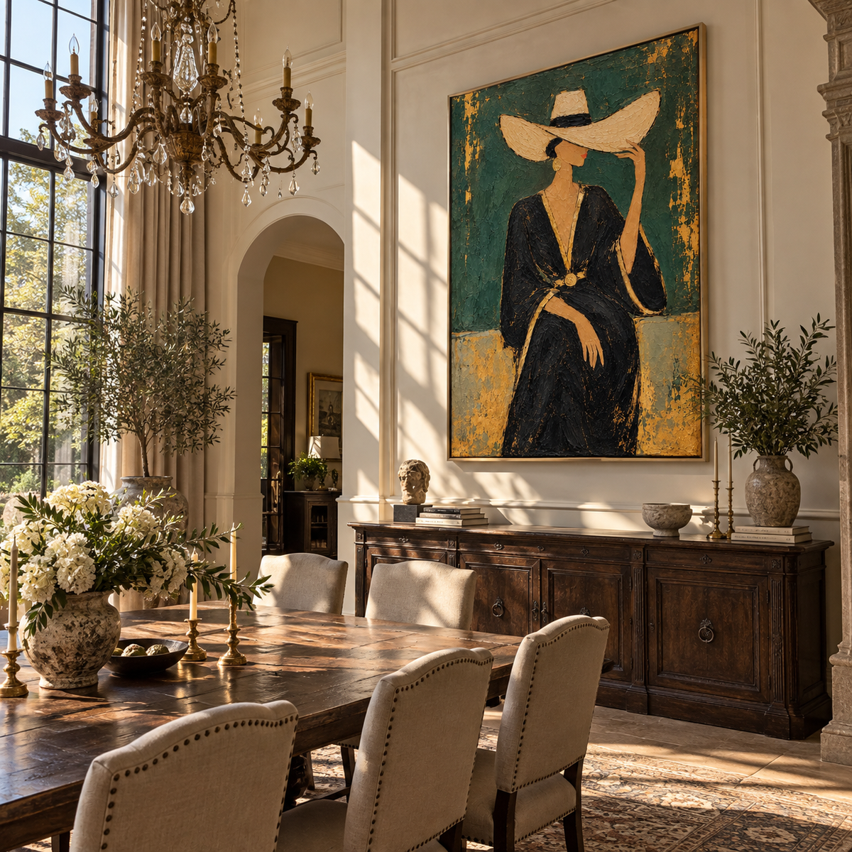 Emerald Reserve – woman in black dress with wide hat, Retro Modern vertical wall art - displayed in a quiet reading corner