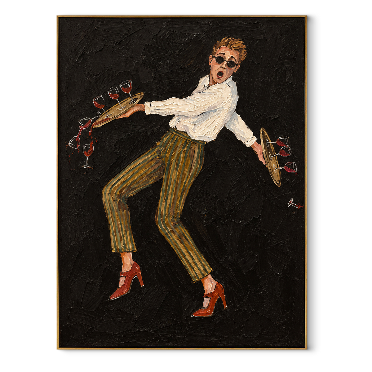 Last Call Dance – dancing waiter with wine bottles, Retro Modern vertical wall art - wood frame on white background