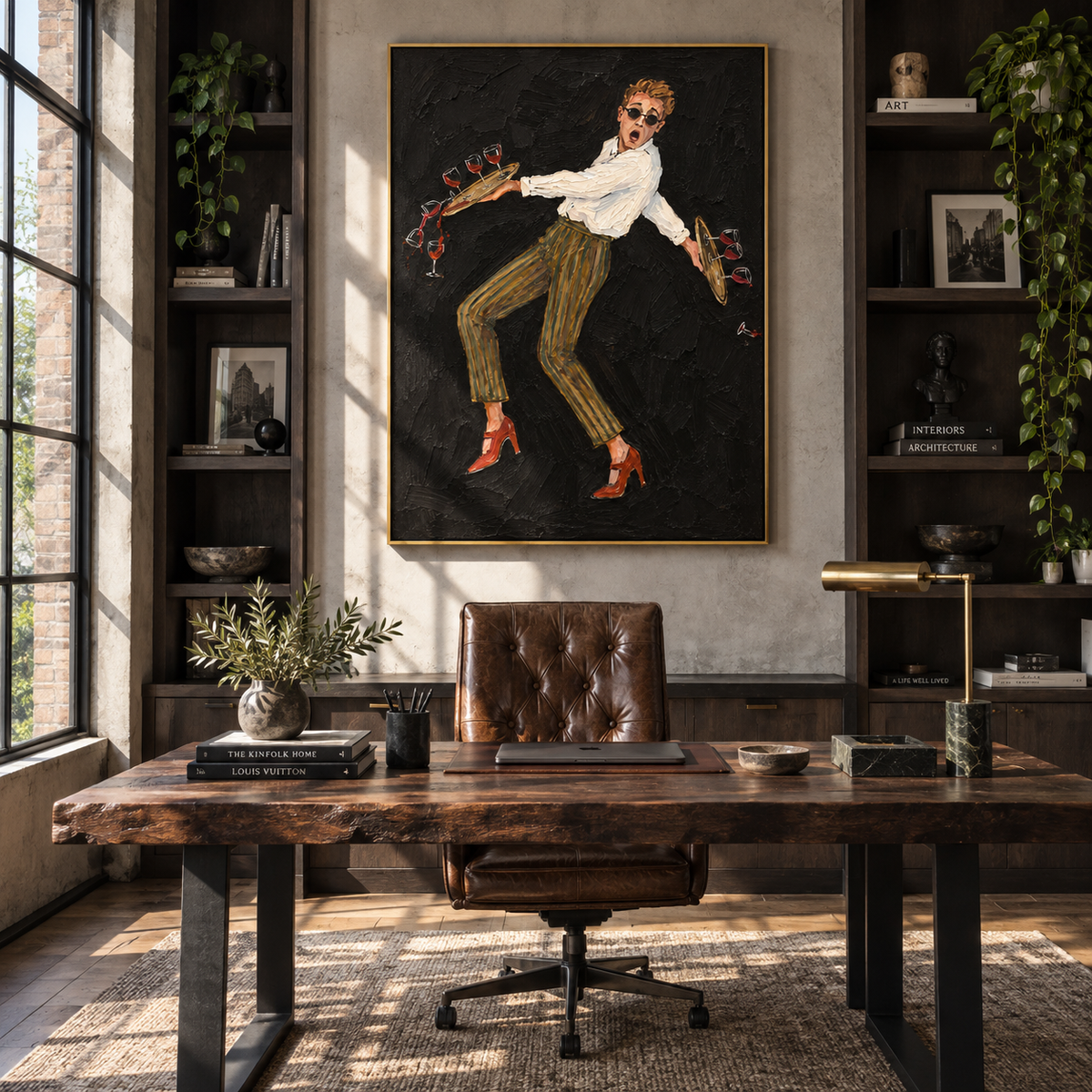 Last Call Dance – dancing waiter with wine bottles, Retro Modern vertical wall art - displayed through an entryway