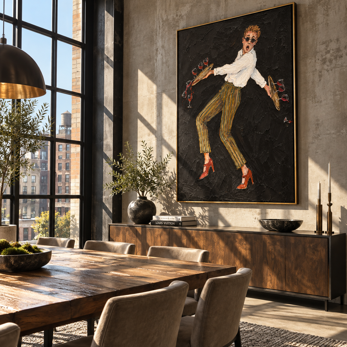 Last Call Dance – dancing waiter with wine bottles, Retro Modern vertical wall art - displayed along a stair landing