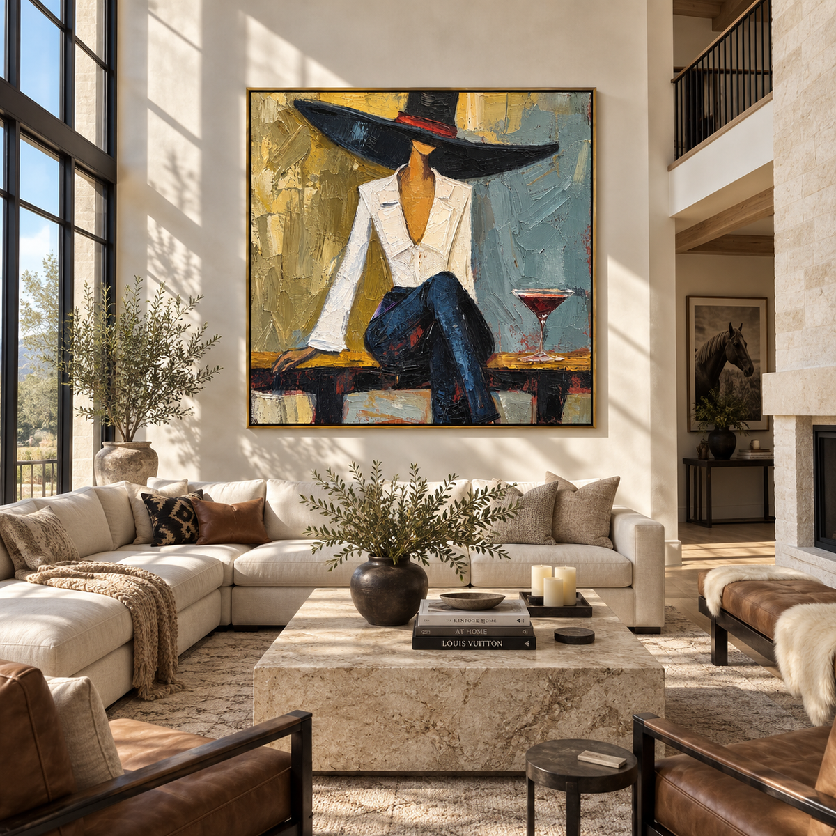Blue Room Martini – woman in white blouse and navy hat, Retro Modern square wall art - displayed beside a home office desk