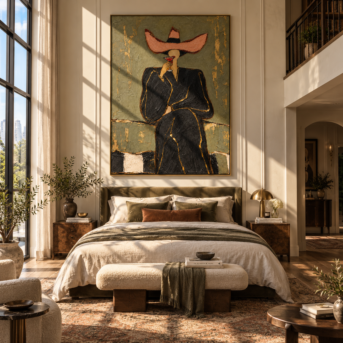 Rose Brim – woman in black suit with pink hat, Retro Modern vertical wall art - displayed through an entryway