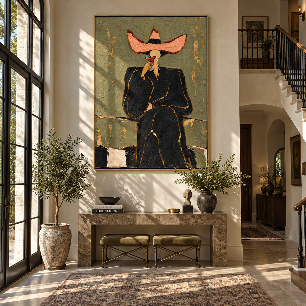 Rose Brim – woman in black suit with pink hat, Retro Modern vertical wall art - displayed along a stair landing
