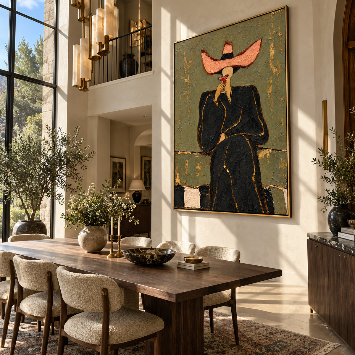 Rose Brim – woman in black suit with pink hat, Retro Modern vertical wall art - displayed in a quiet reading corner