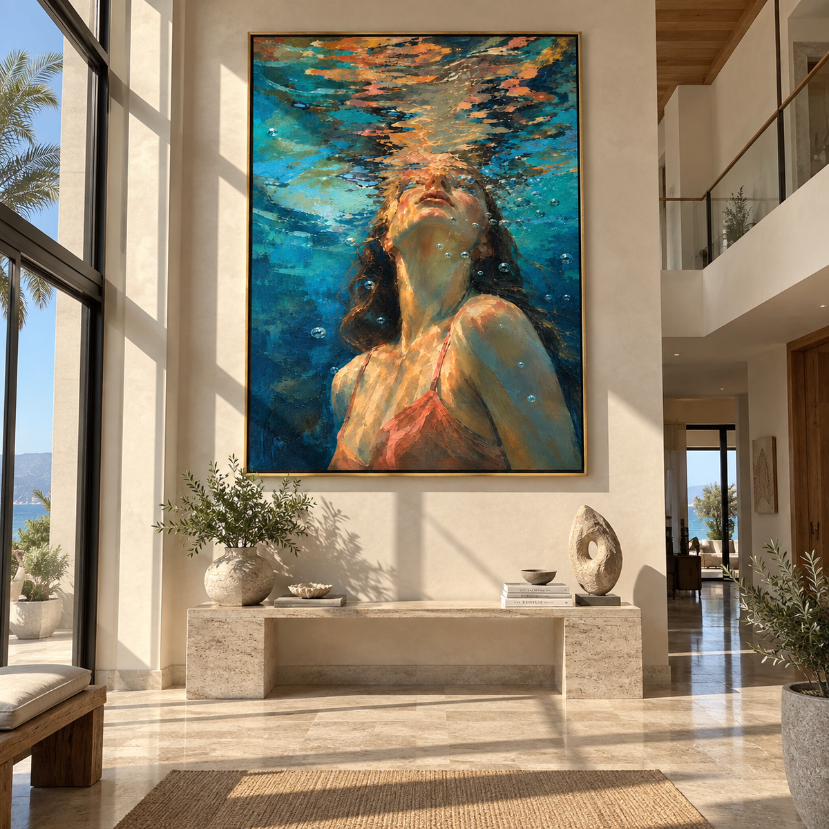Deep Blue Breath – woman beneath rippling water, Retro Modern vertical wall art - displayed through an entryway