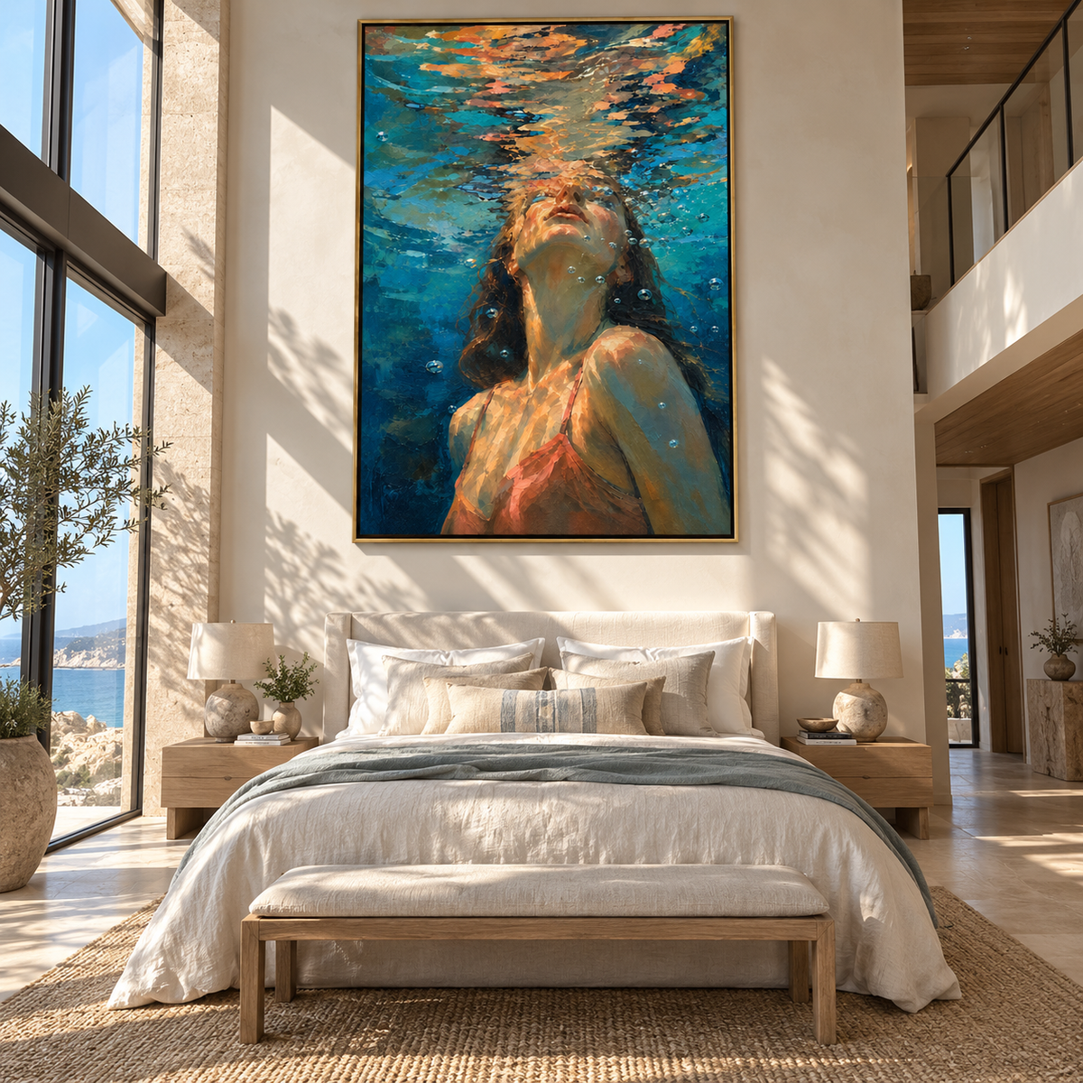 Deep Blue Breath – woman beneath rippling water, Retro Modern vertical wall art - displayed along a stair landing
