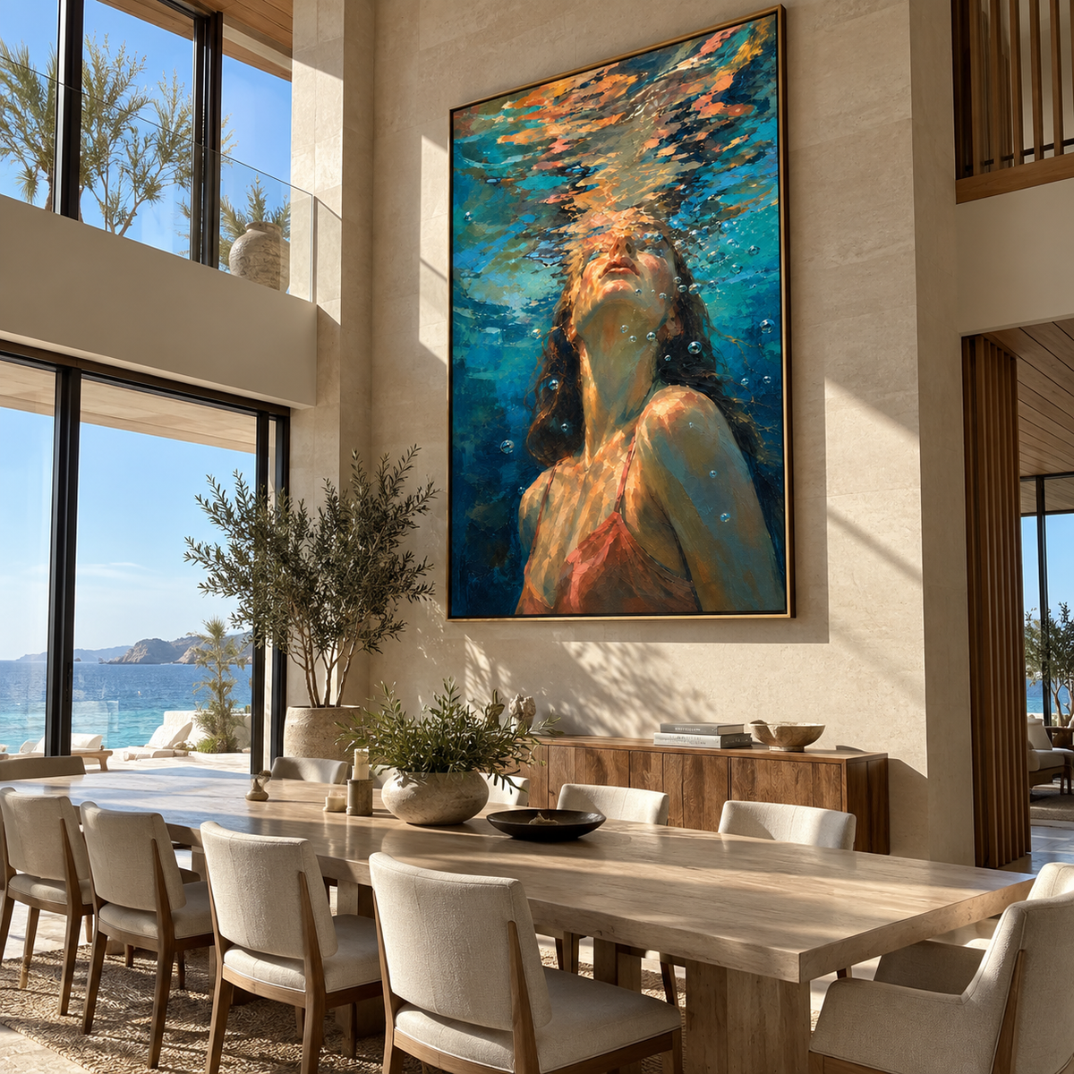 Deep Blue Breath – woman beneath rippling water, Retro Modern vertical wall art - displayed above a narrow living room console