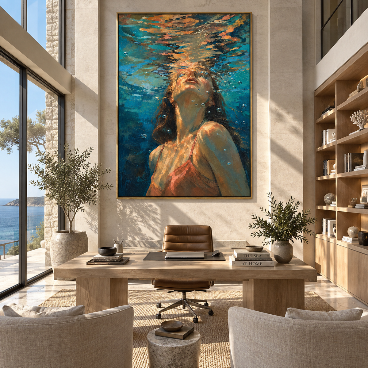 Deep Blue Breath – woman beneath rippling water, Retro Modern vertical wall art - displayed in a quiet reading corner