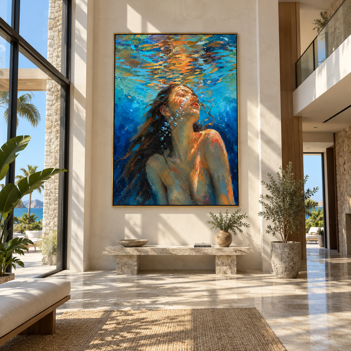 Sunlit Current – woman rising under turquoise water, Retro Modern vertical wall art - displayed through an entryway