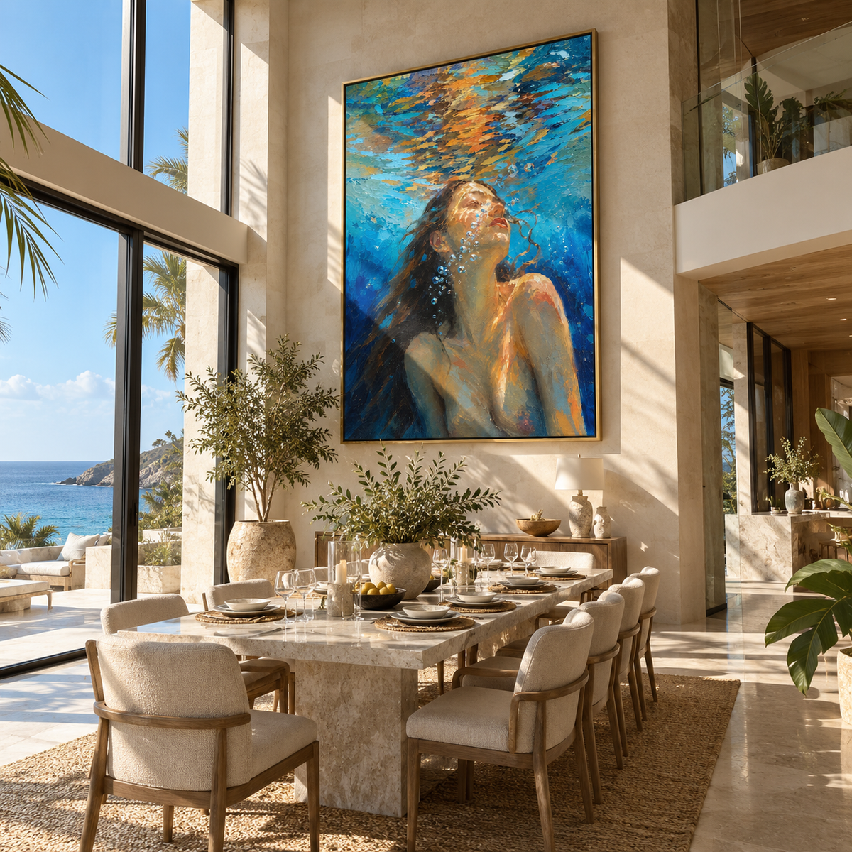 Sunlit Current – woman rising under turquoise water, Retro Modern vertical wall art - displayed in a quiet reading corner