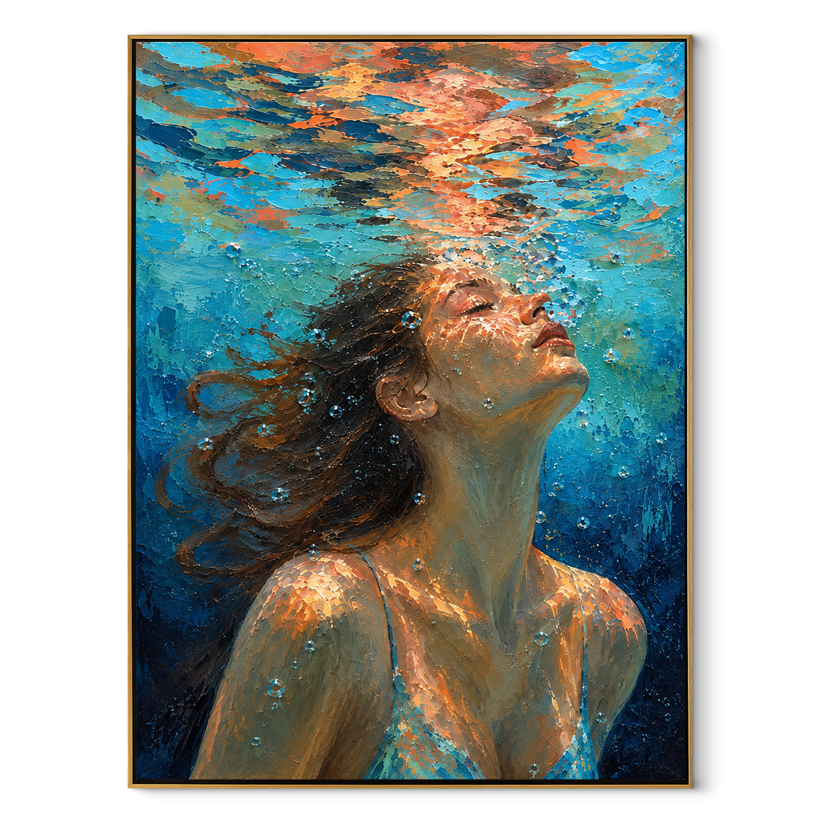 Open Water – woman looking up through blue ripples, Retro Modern vertical wall art - wood frame on white background