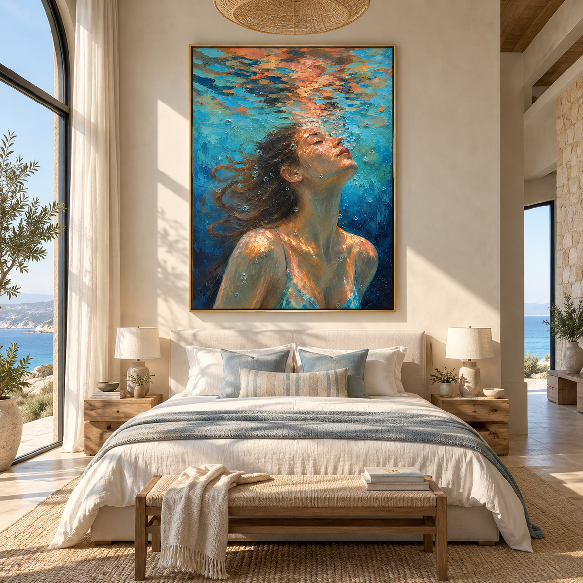 Open Water – woman looking up through blue ripples, Retro Modern vertical wall art - displayed through an entryway