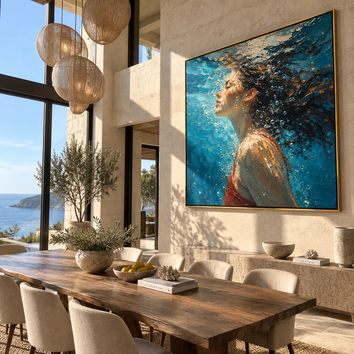 Side Current – profile of woman underwater, Retro Modern square wall art - displayed above a living room console
