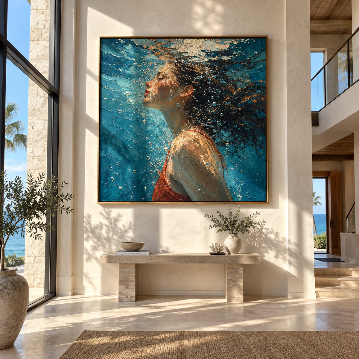 Side Current – profile of woman underwater, Retro Modern square wall art - displayed over a low oak cabinet