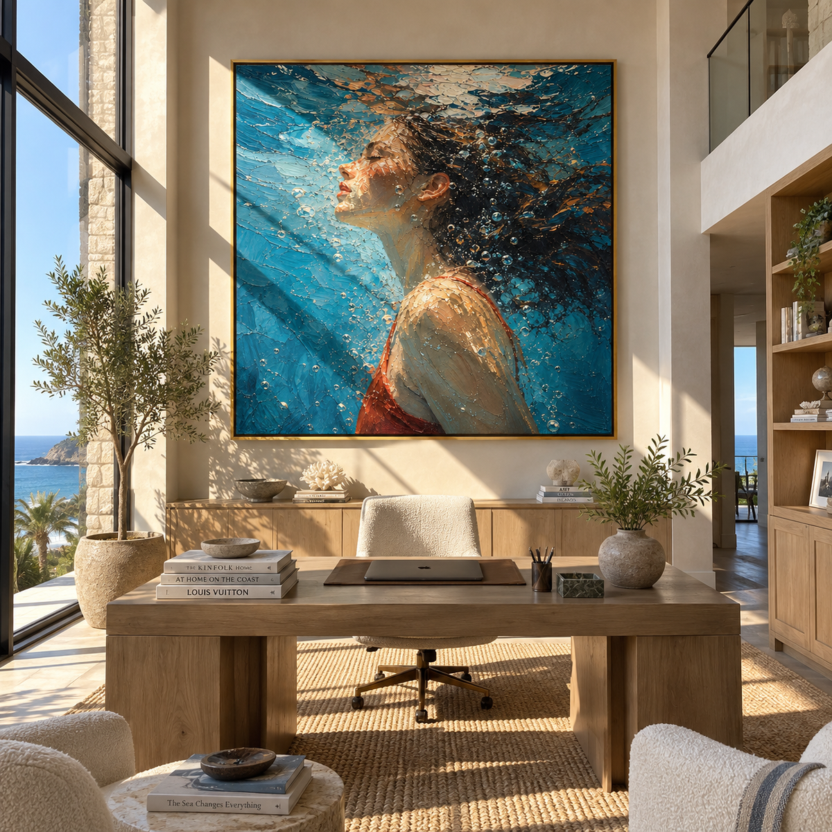 Side Current – profile of woman underwater, Retro Modern square wall art - displayed in a collected modern lounge
