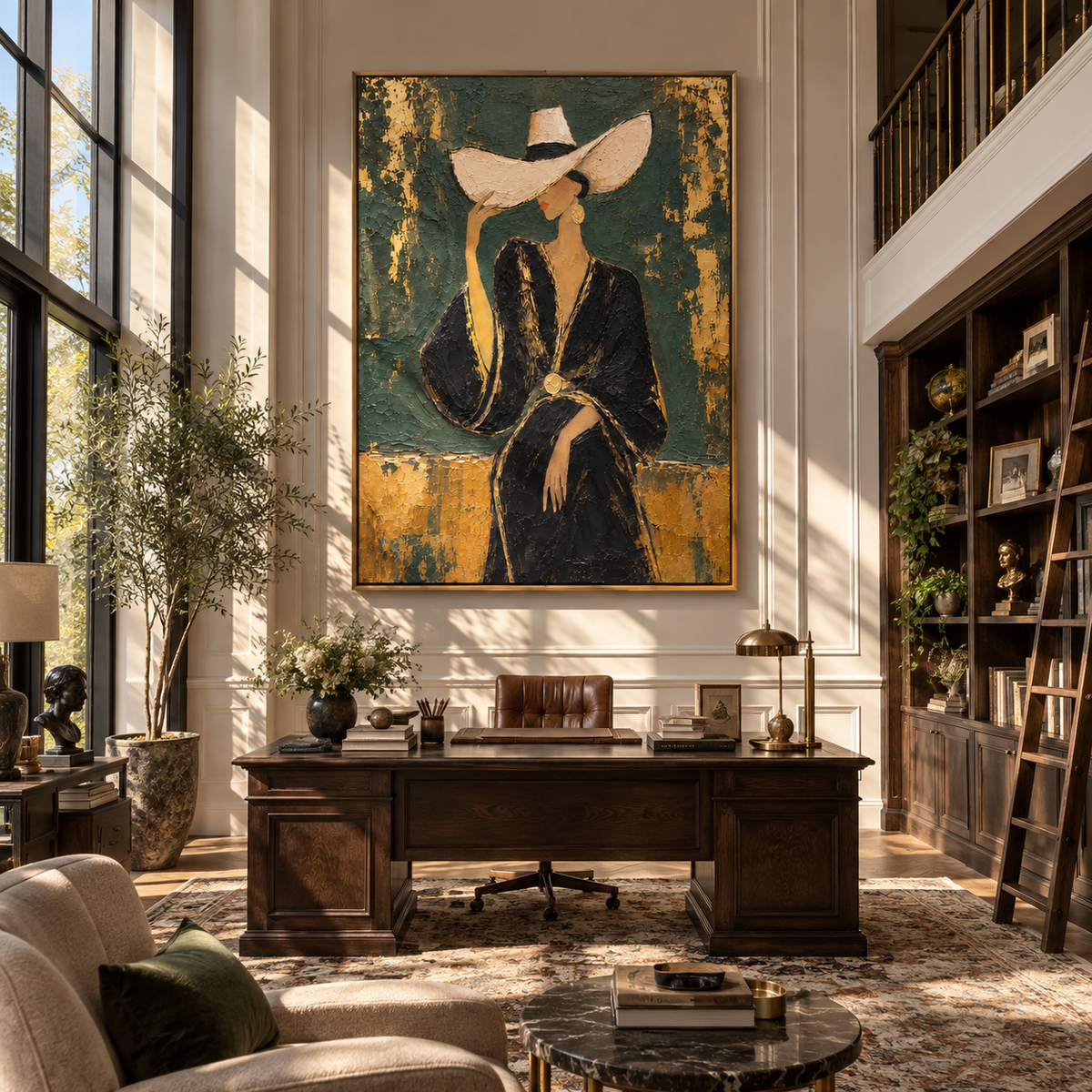Gilded Gesture – woman in black suit touching her hat, Retro Modern vertical wall art - displayed beside a bedroom dresser