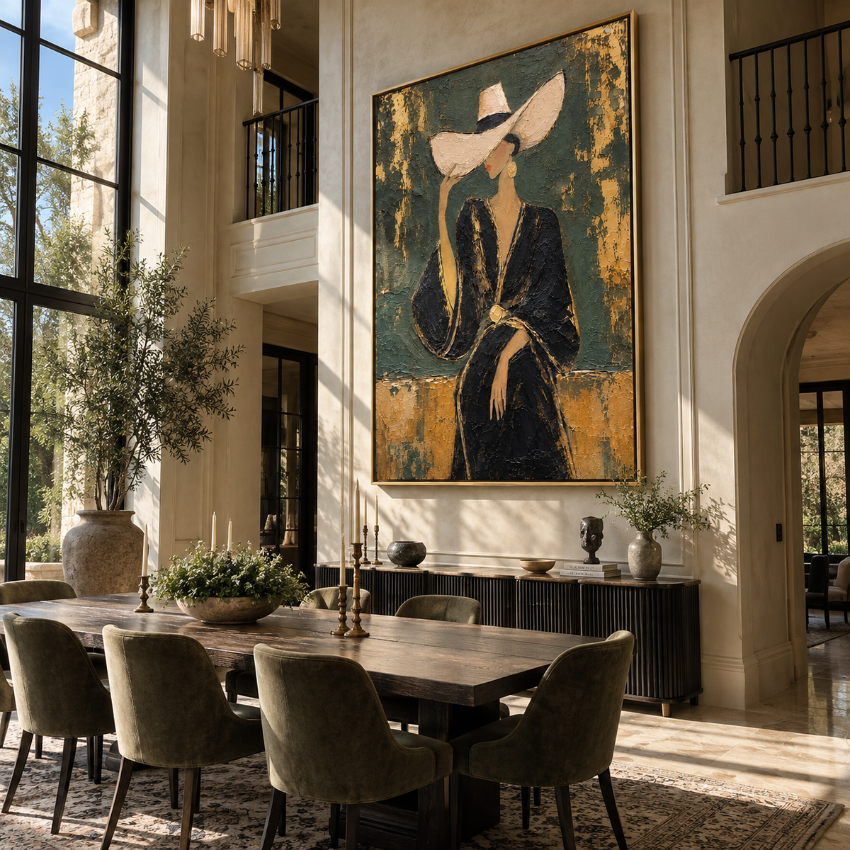 Gilded Gesture – woman in black suit touching her hat, Retro Modern vertical wall art - displayed through an entryway