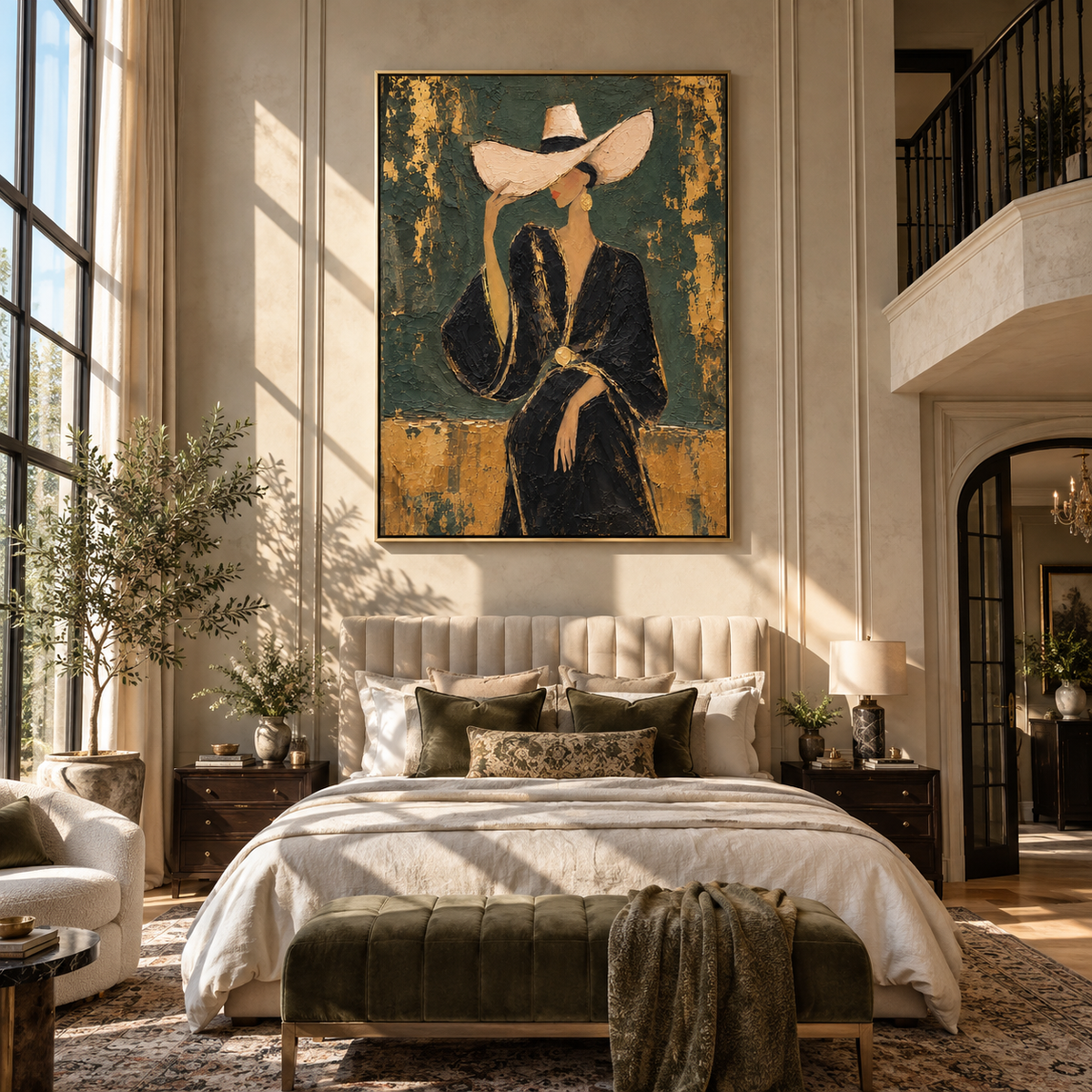 Gilded Gesture – woman in black suit touching her hat, Retro Modern vertical wall art - displayed above a narrow living room console