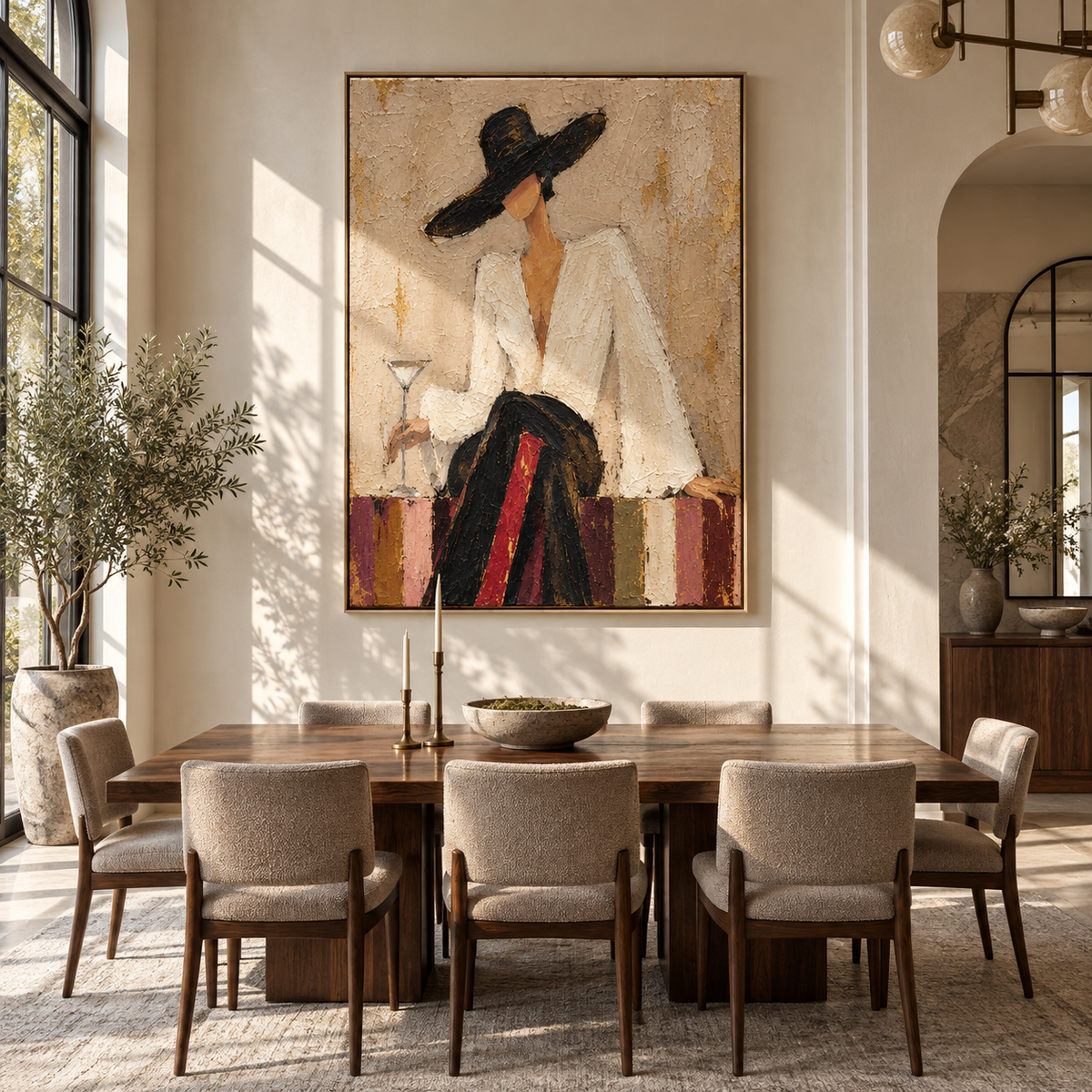Ivory Evening – woman in white suit with two martinis, Retro Modern vertical wall art - displayed beside a bedroom dresser