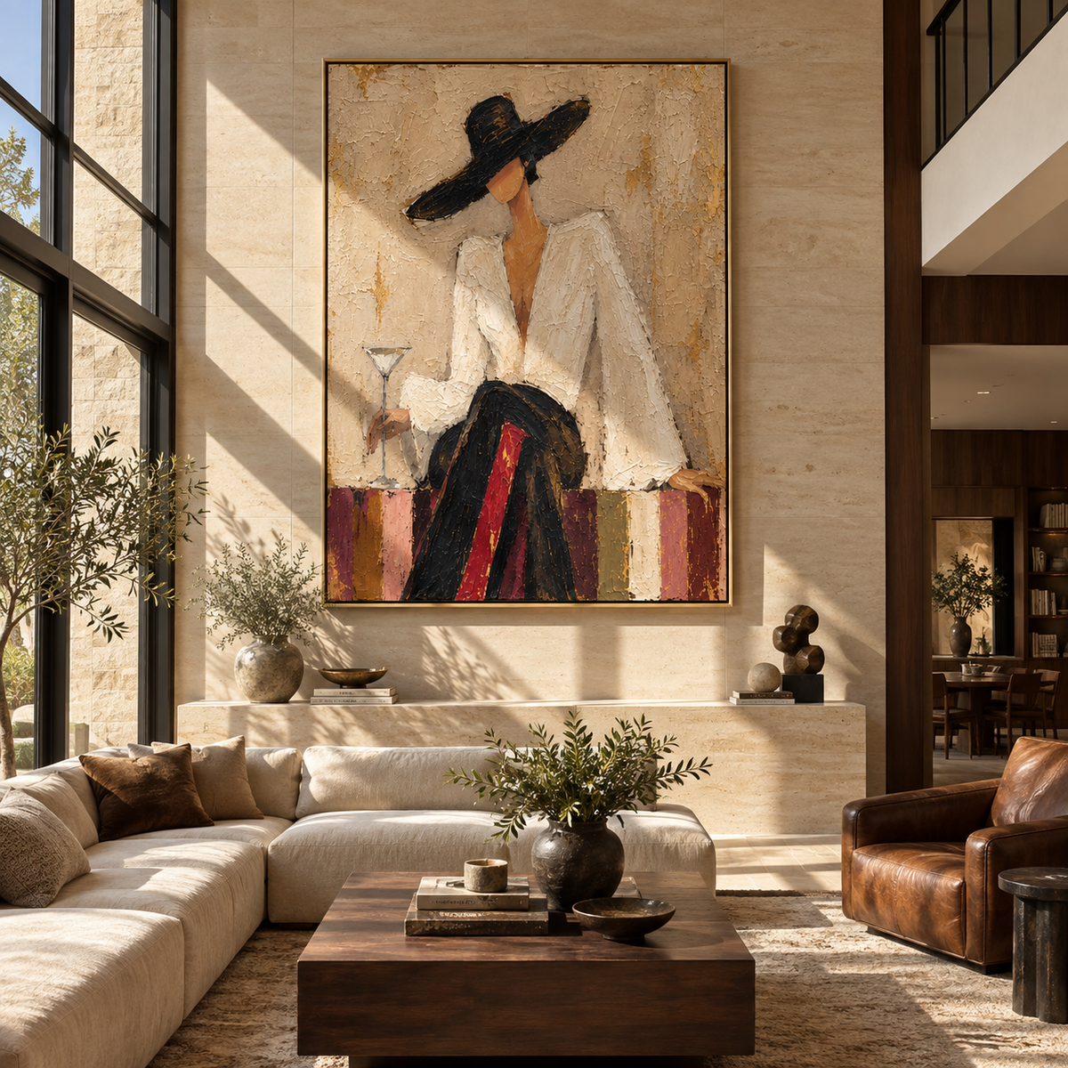 Ivory Evening – woman in white suit with two martinis, Retro Modern vertical wall art - displayed along a stair landing