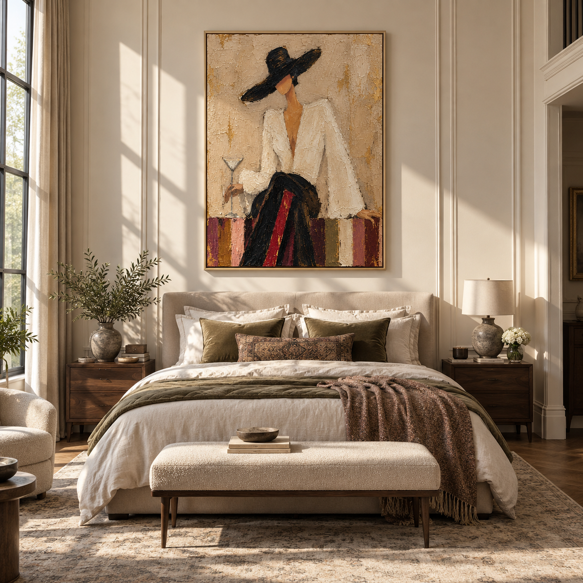 Ivory Evening – woman in white suit with two martinis, Retro Modern vertical wall art - displayed above a narrow living room console