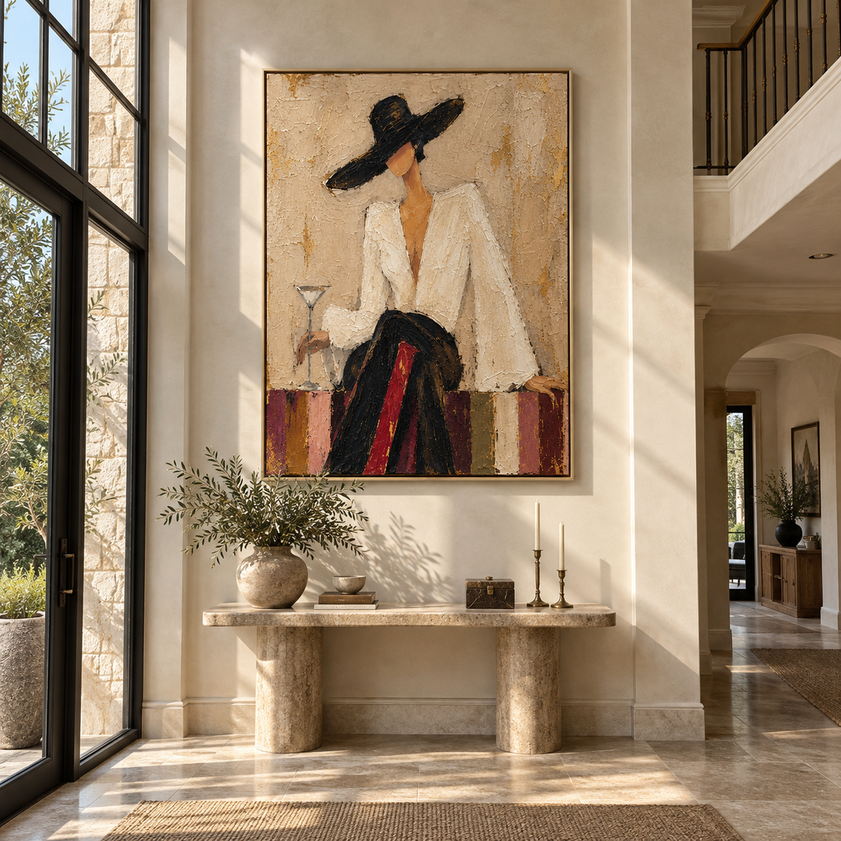 Ivory Evening – woman in white suit with two martinis, Retro Modern vertical wall art - displayed in a quiet reading corner